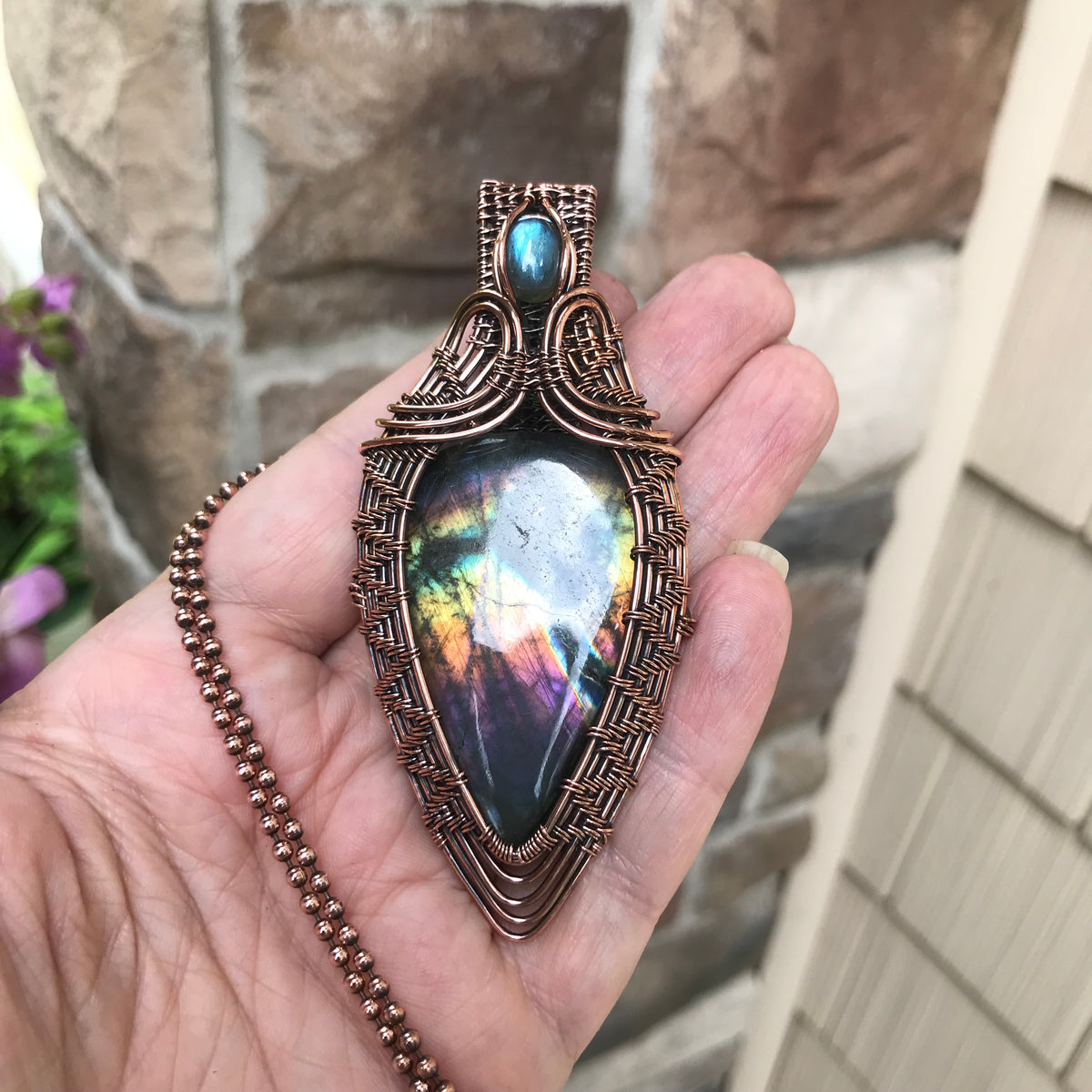 Rainbow Labradorite Statement Woven Pendant