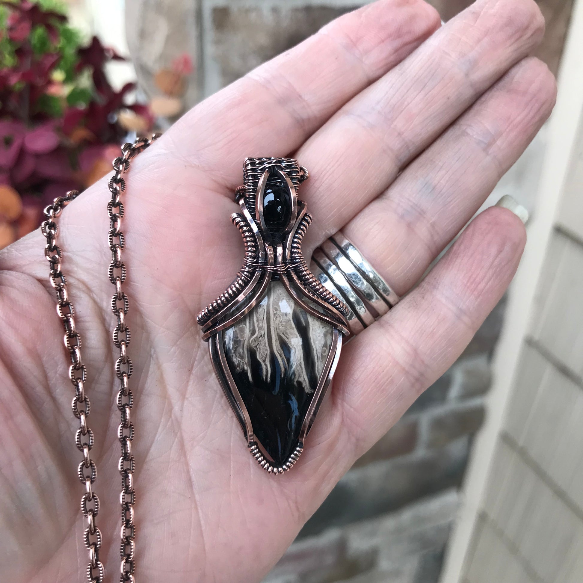Petrified Palm Wood & Onyx Copper Necklace with Weaving