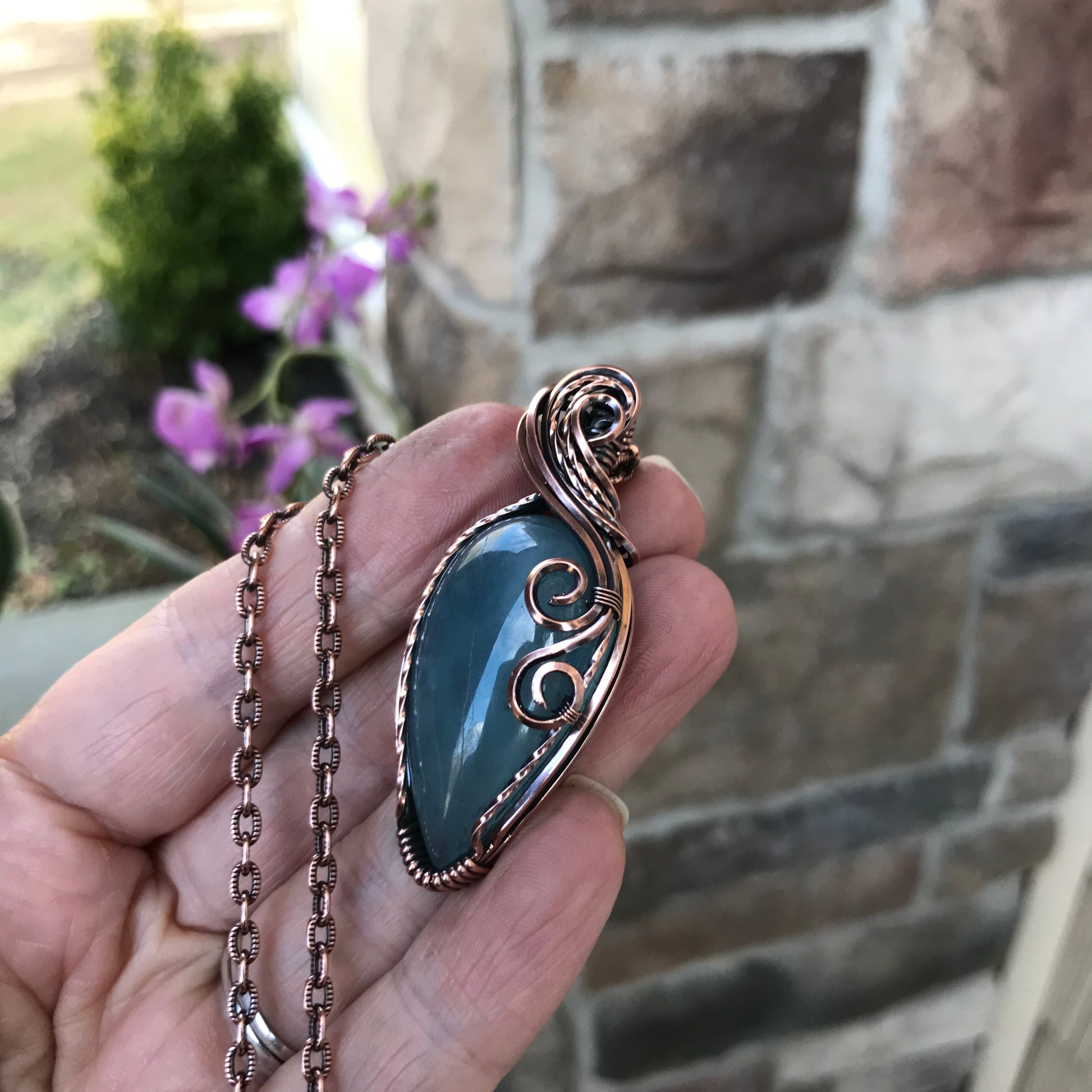 Aquamarine Teardrop Swirly Copper Pendant