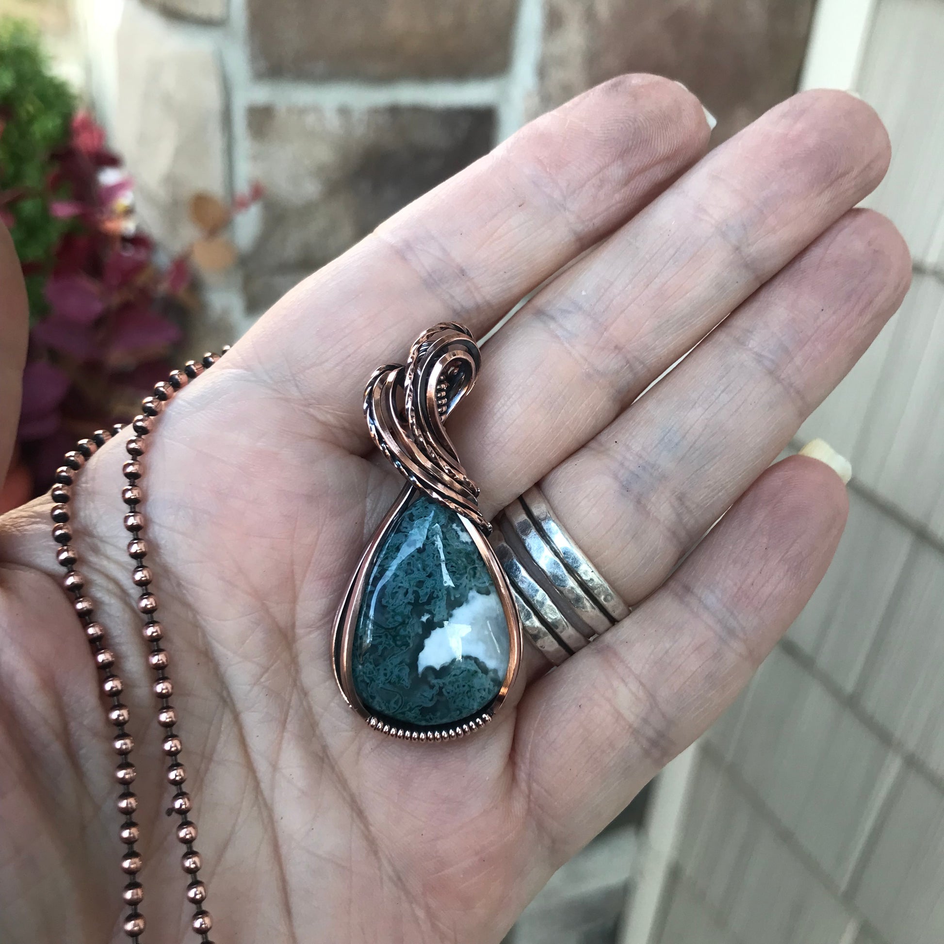 Teal Moss Agate Copper Pendant