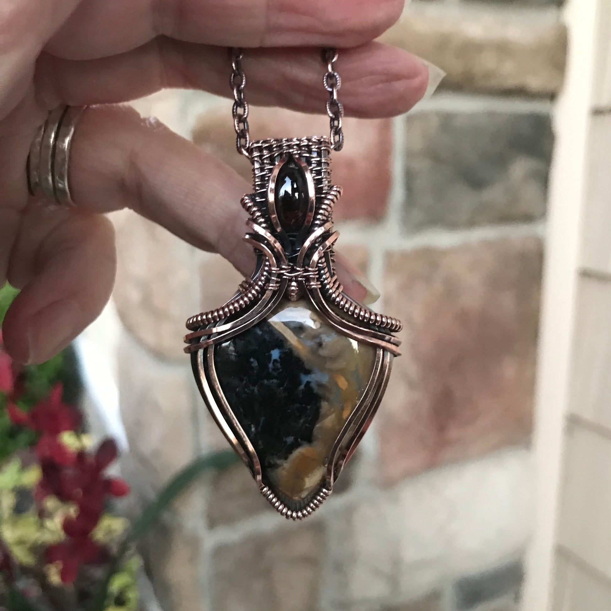 Petrified Palm Root Agate & Garnet Copper Necklace