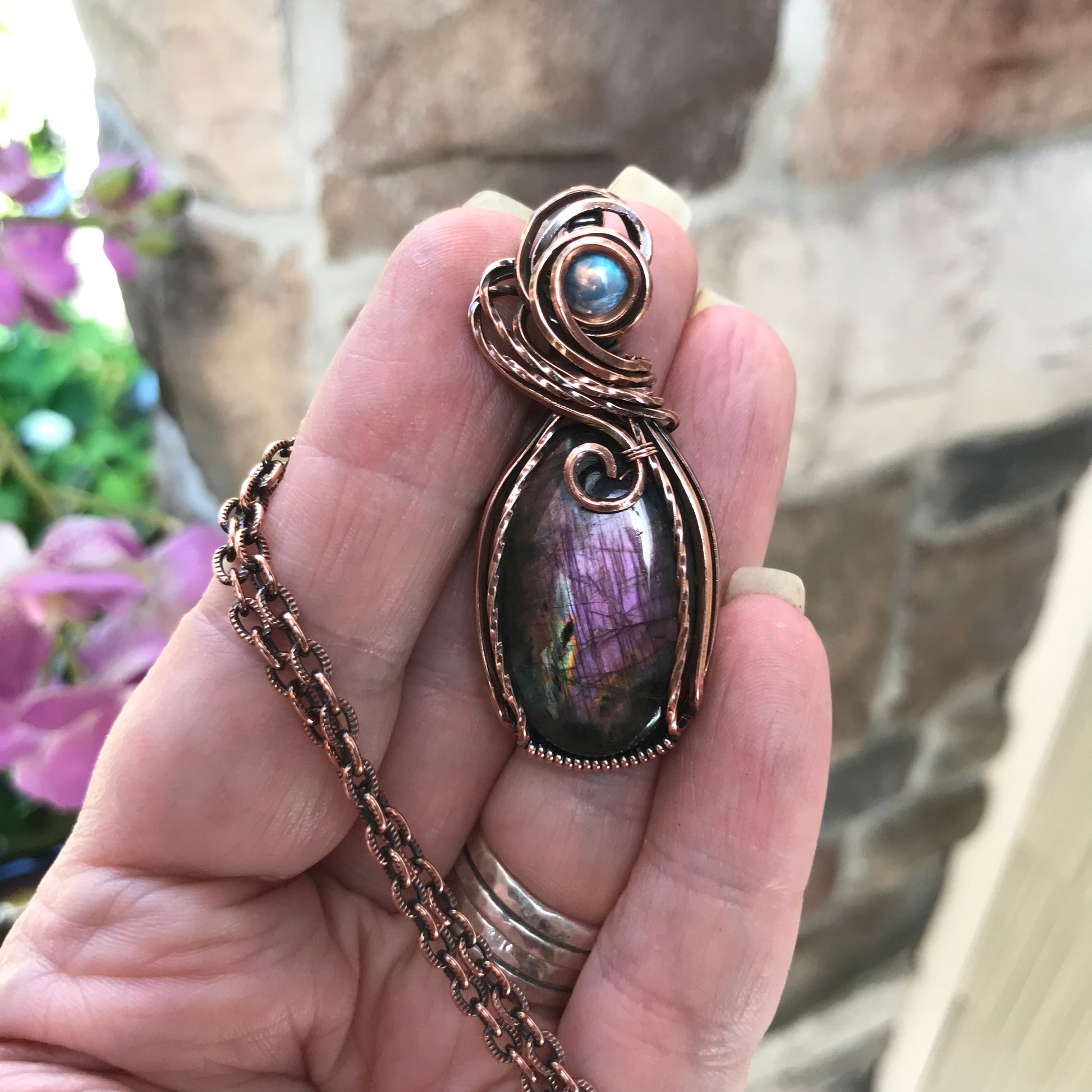 Purple Labradorite & Moonatone Copper Pendant