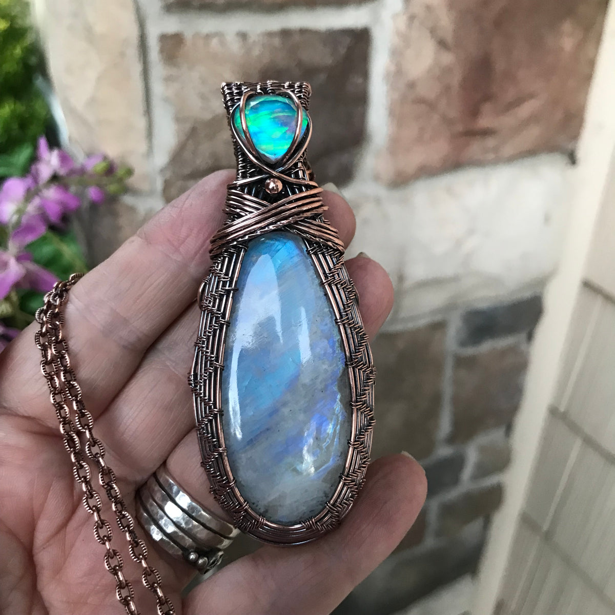 RESERVED - Rainbow Moonstone & Aurora Opal Copper Woven Pendant