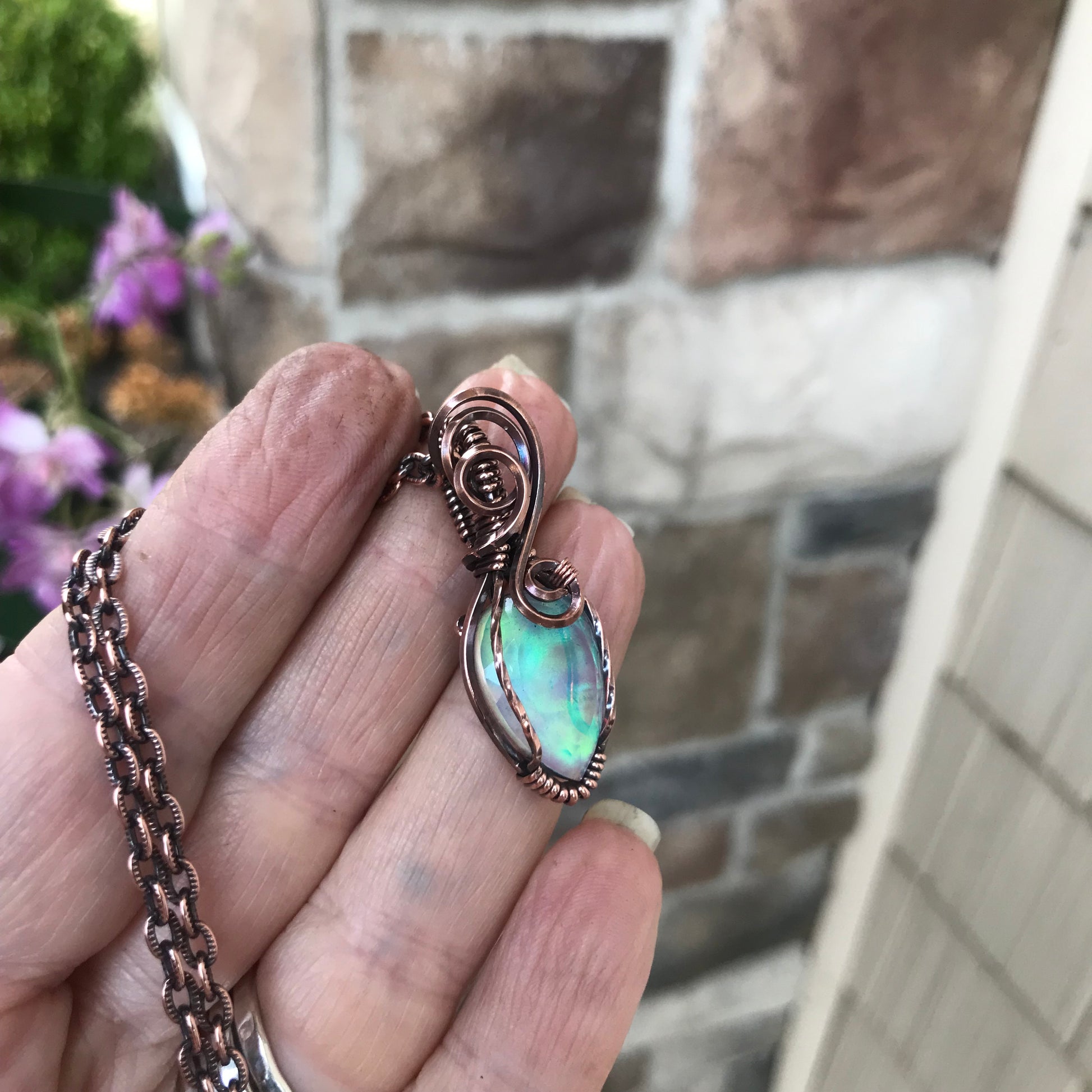 Aurora Opal Green Pink Copper Necklace