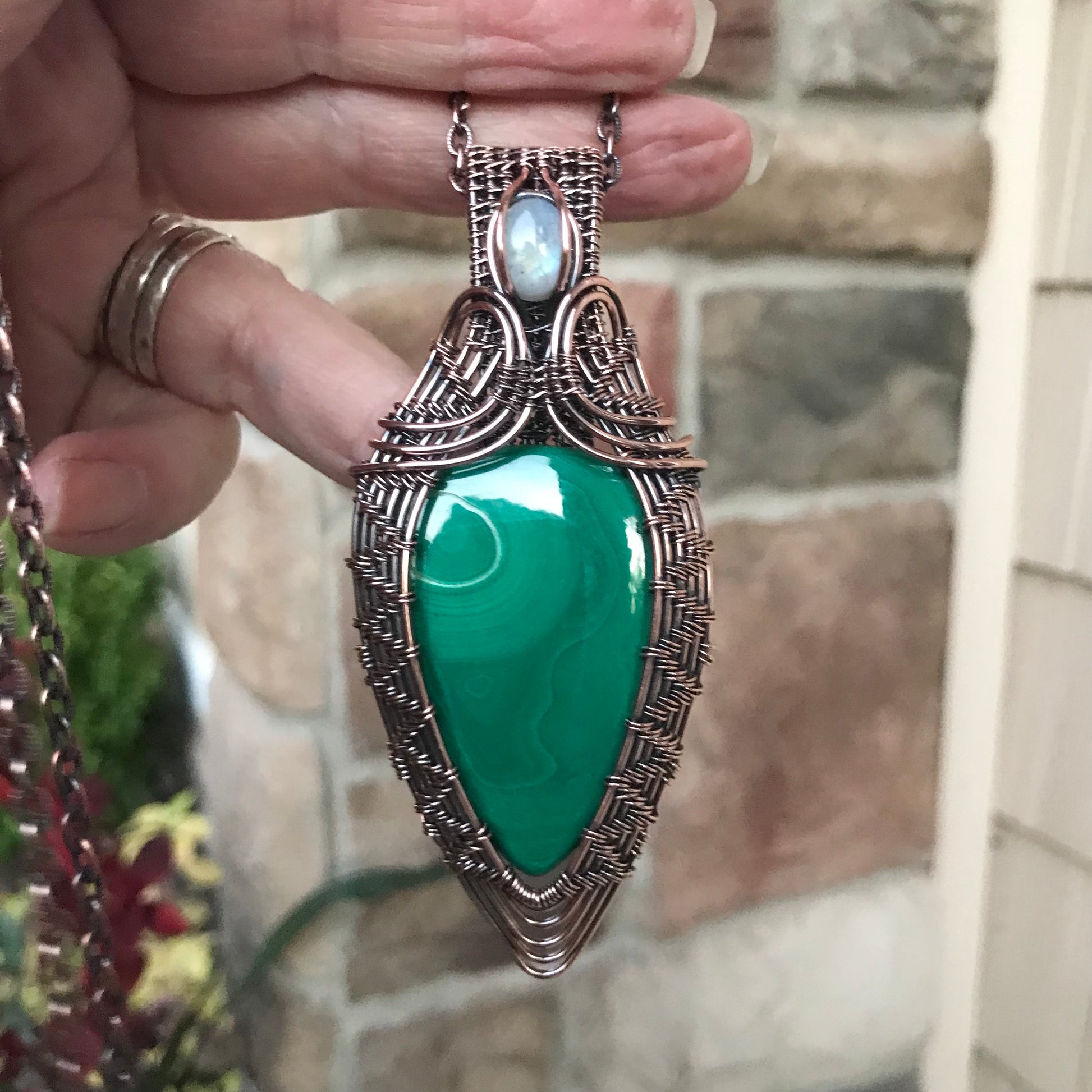 Malachite & Moonstone Woven Copper Pendant