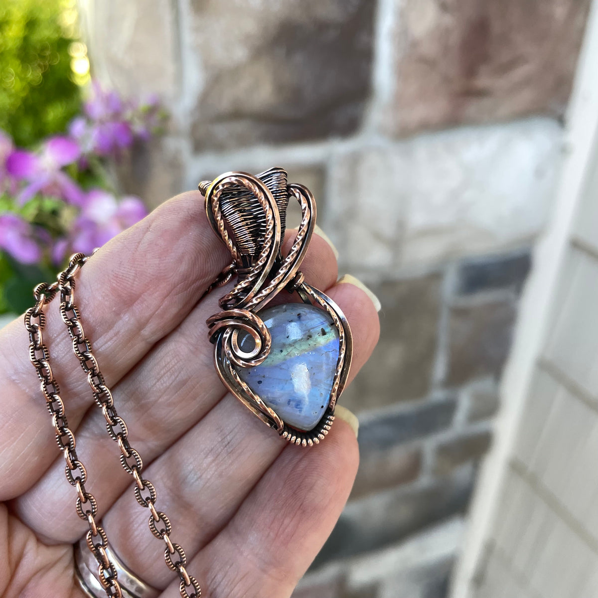 Blue Moonstone with Tourmaline Flecks Copper Pendant