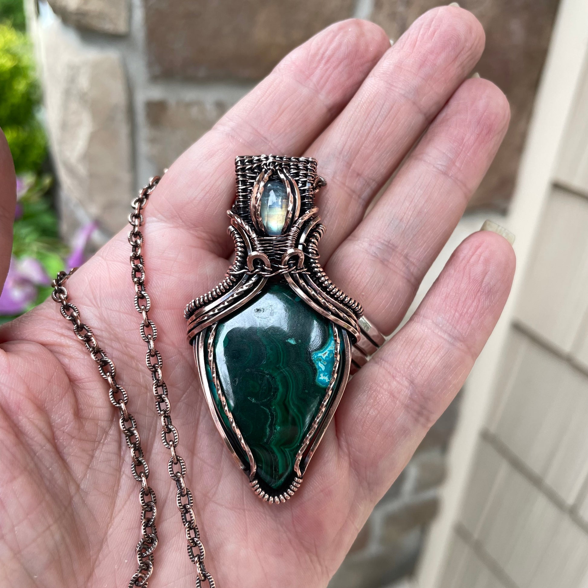Malachite Chrysocolla & Moonstone Copper Pendant with Weaving