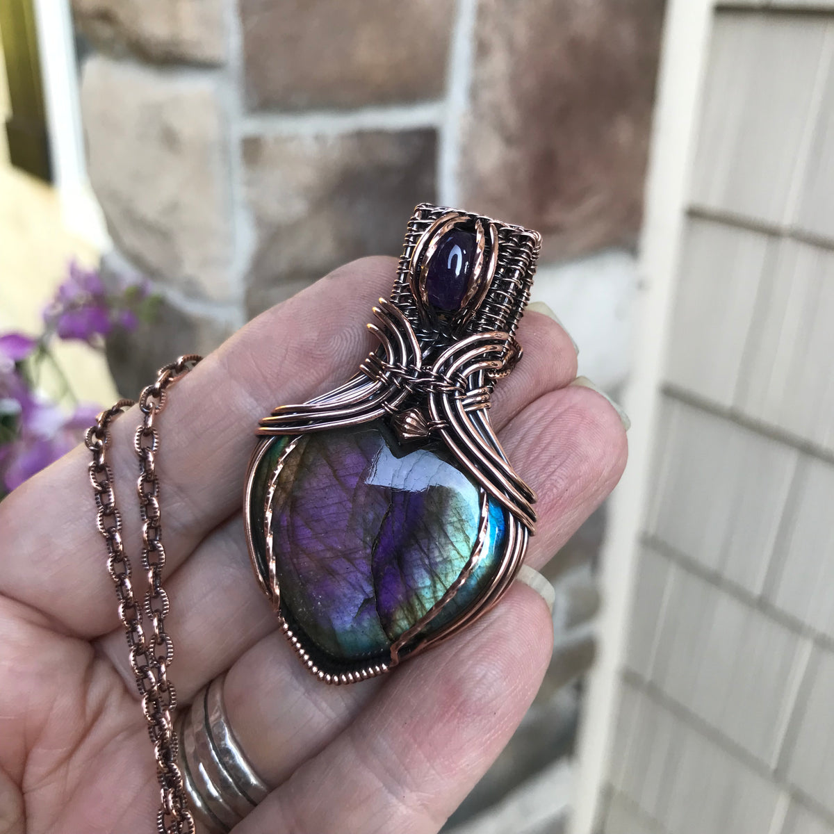 Rainbow Labradorite & Amethyst Copper Pendant