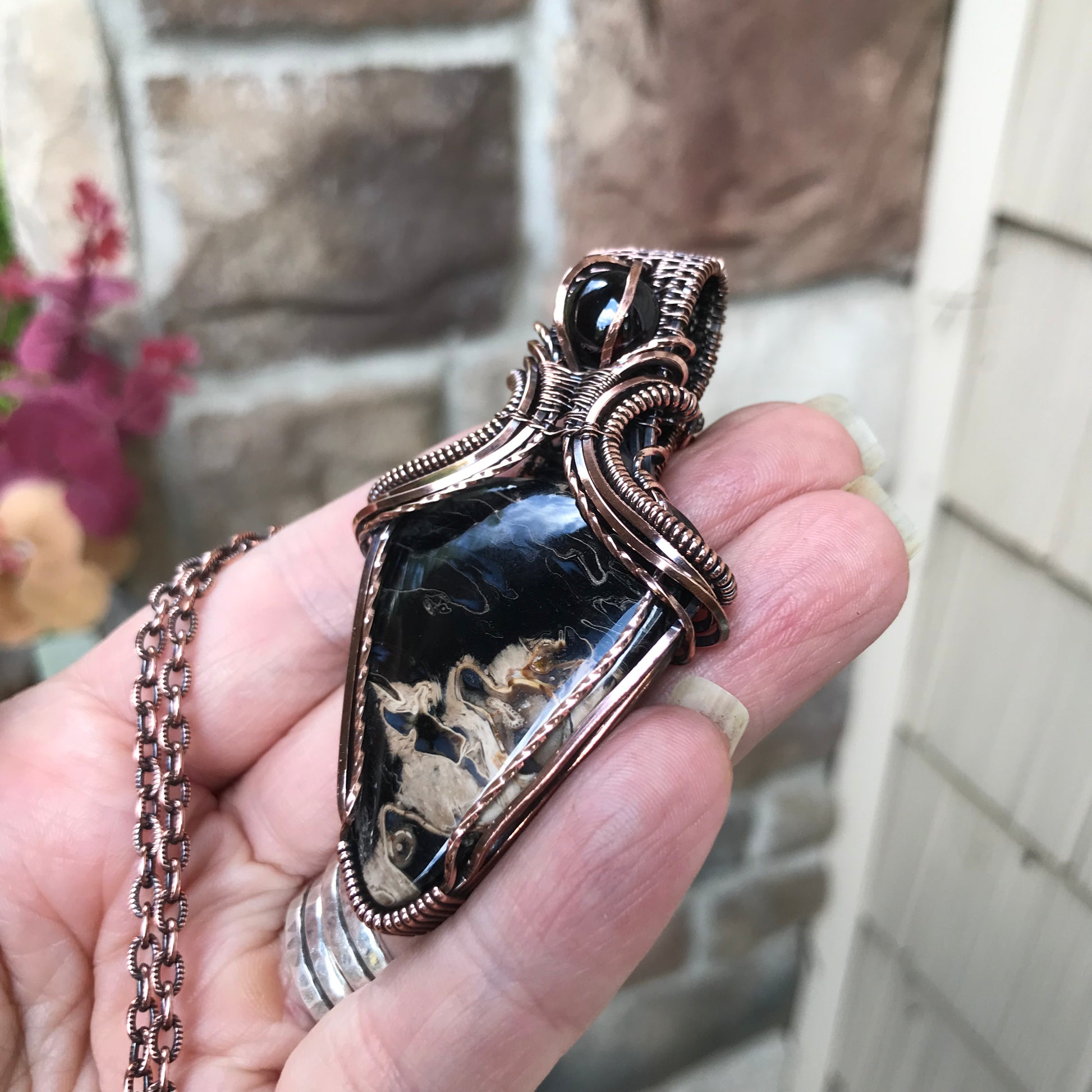 Petrified Palm Wood & Garnet Copper Pendant with Weaving