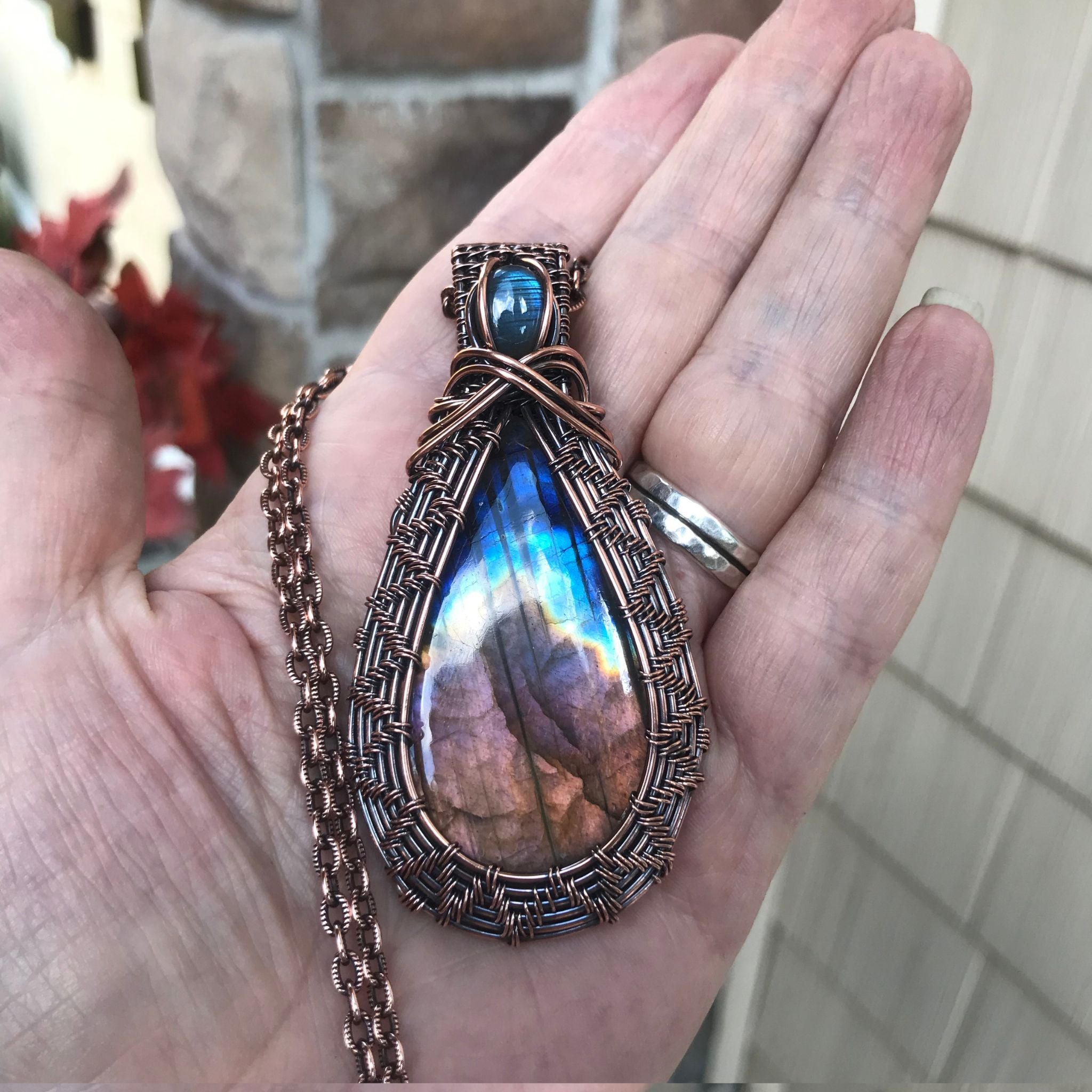 Amber Blue Labradorite Woven Copper Necklace