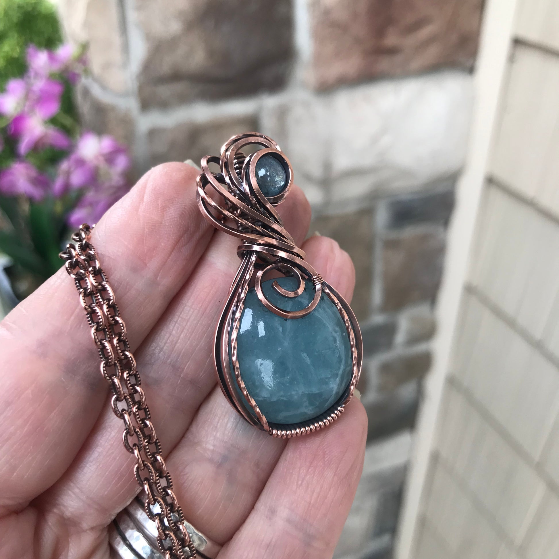 Aquamarine Swirly Copper Pendant
