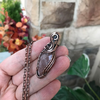 Faceted Peach Moonstone Swirly Copper Pendant
