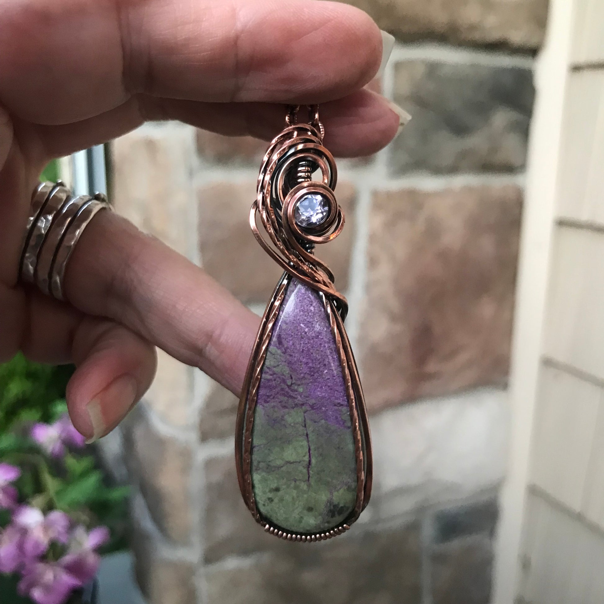 Stichtite & Pink Amethyst Slender Swirly Copper Pendant