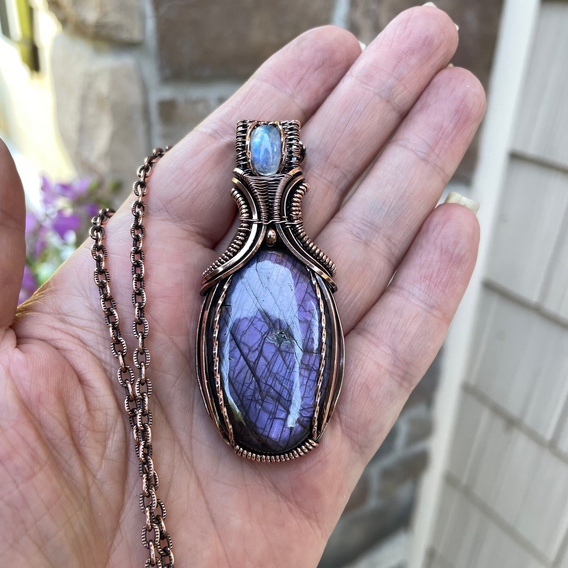 Purple Labradorite & Moonstone Oval Copper Necklace with Weaving