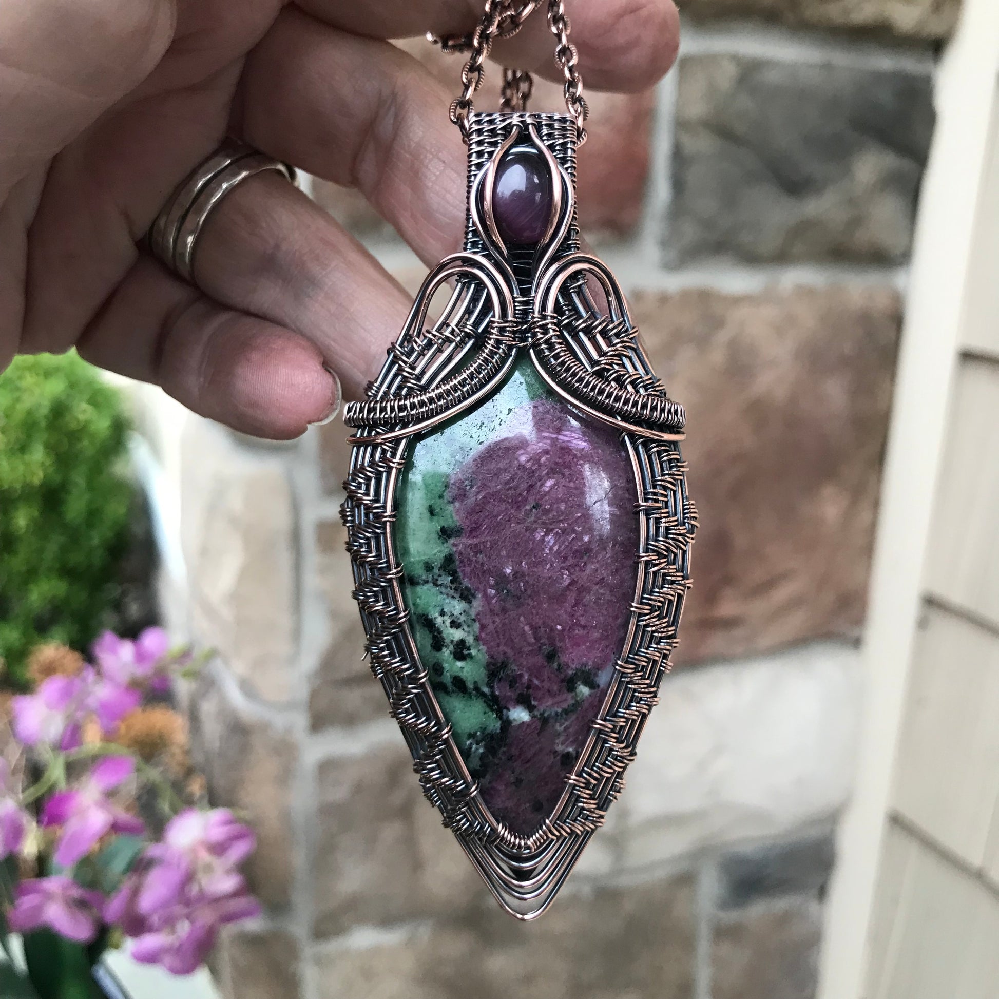 Ruby Zoisite & Pink Cat’s Eye Woven Copper Pendant
