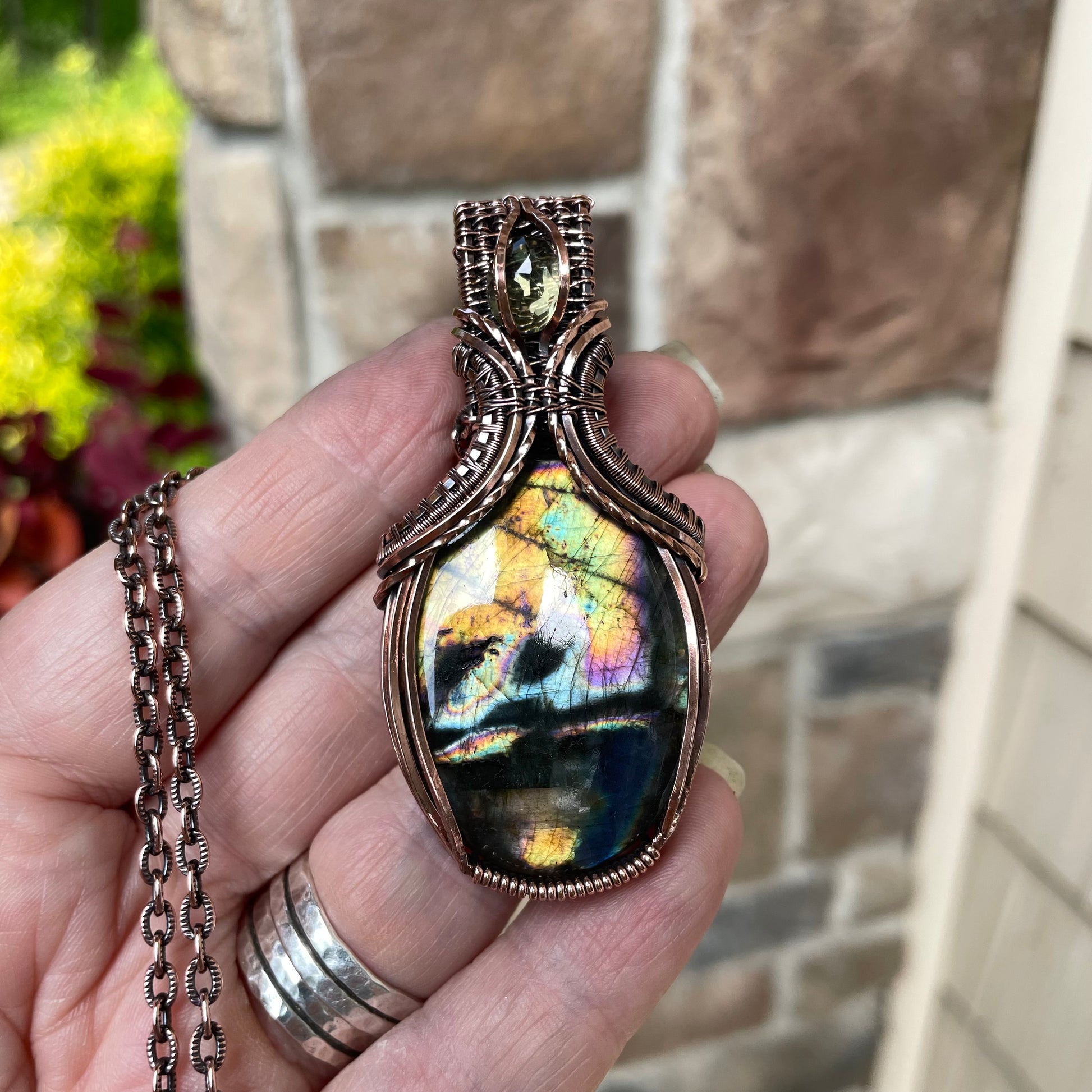 Yellow Orange Labradorite & Lemon Quartz Oval Copper Necklace with Weaving