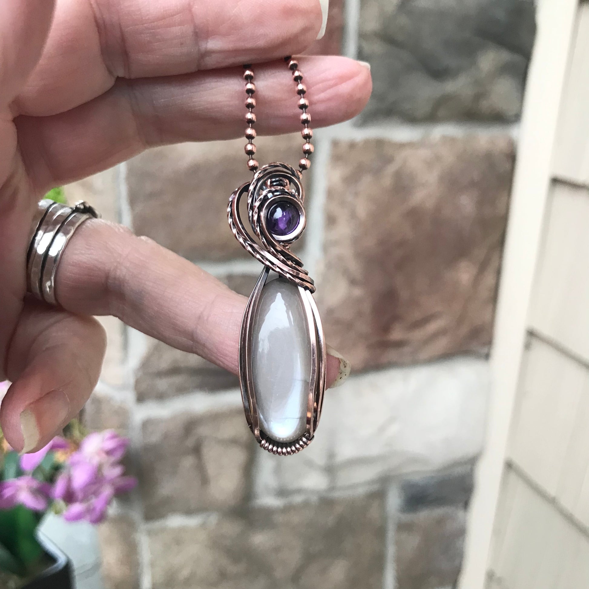 Gray Moonstone & Amethyst Copper Necklace