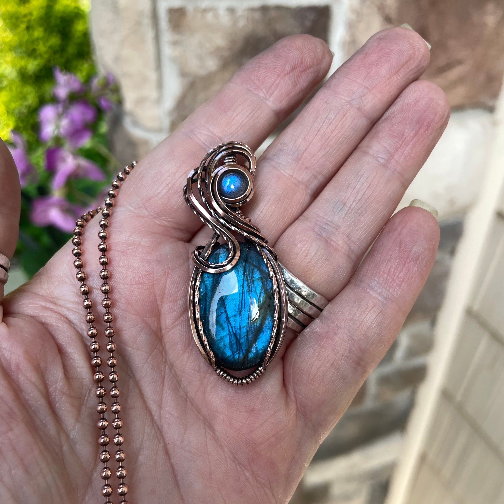 Blue Labradorite Swirly Copper Pendant