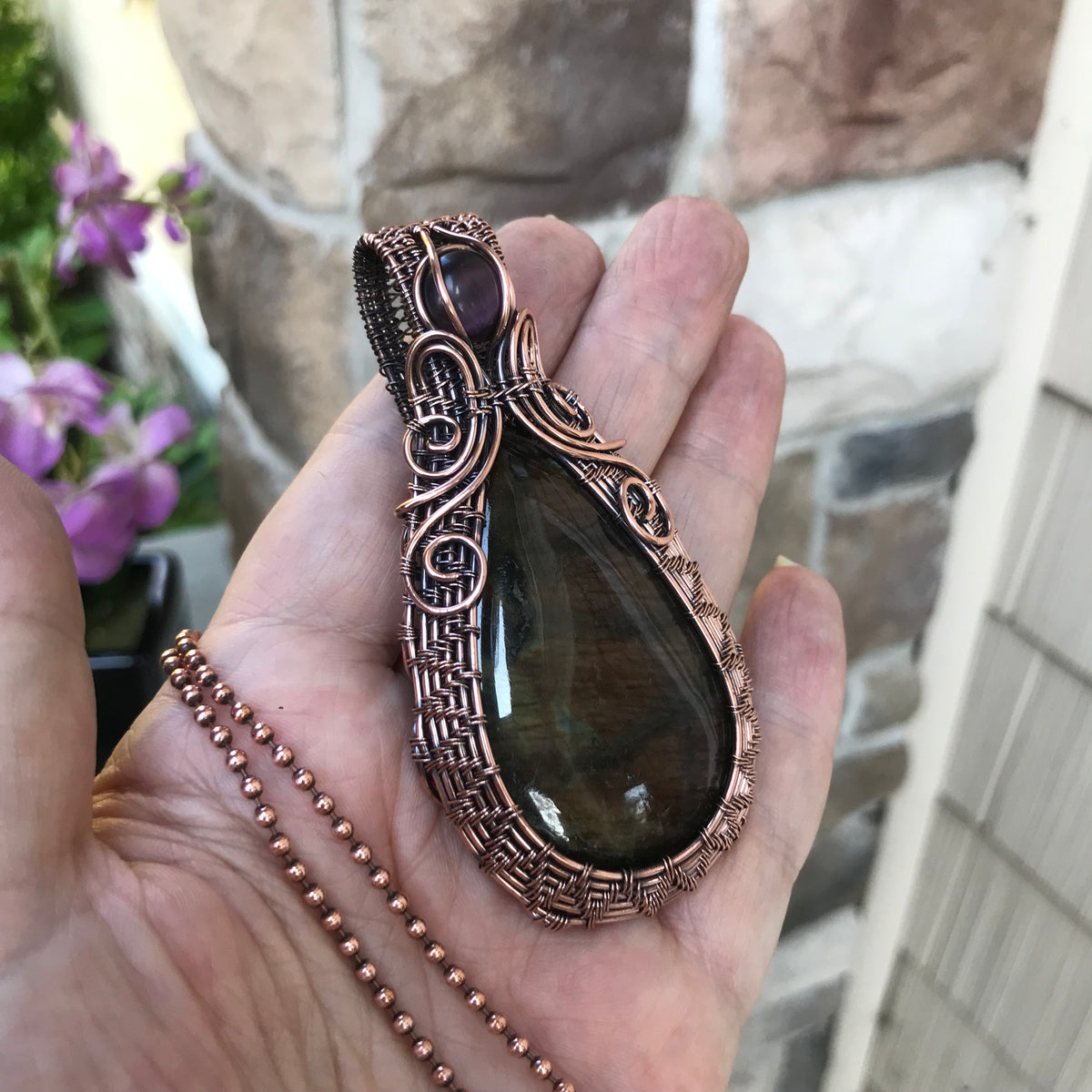 Maroon Purple Labradorite & Pink Cat's Eye Copper Woven Necklace