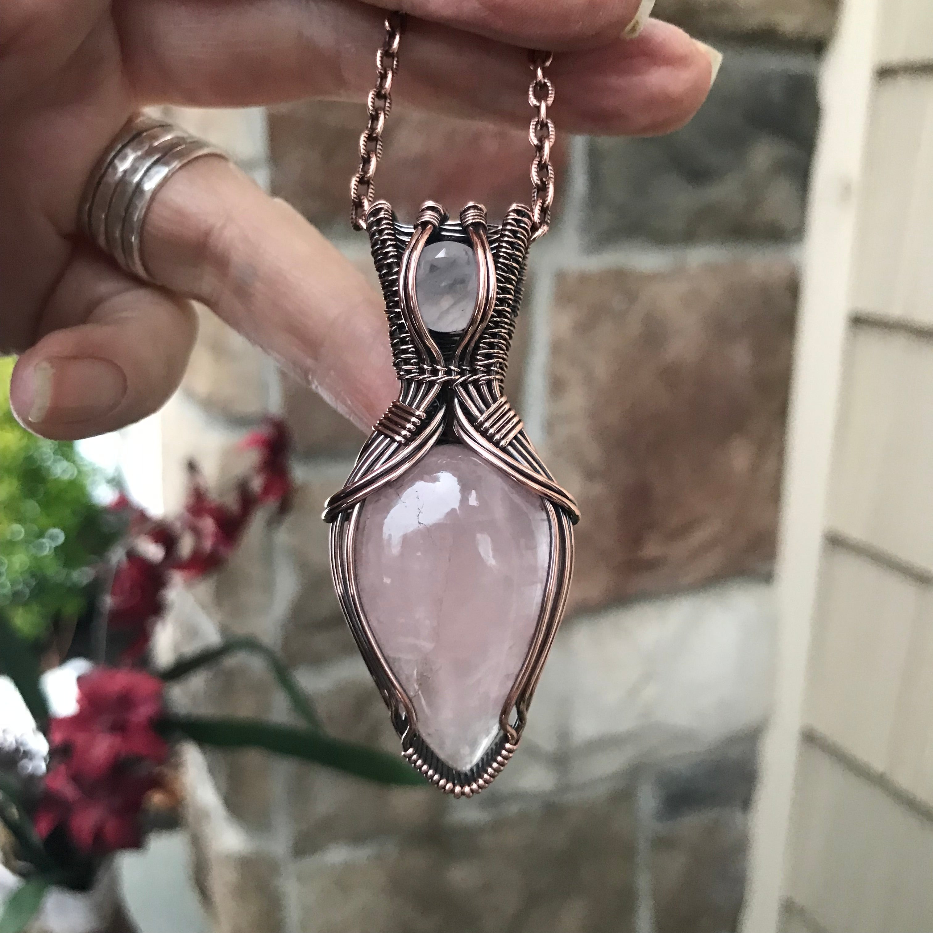 Rose Quartz with Faceted Rose Quartz Copper Pendant