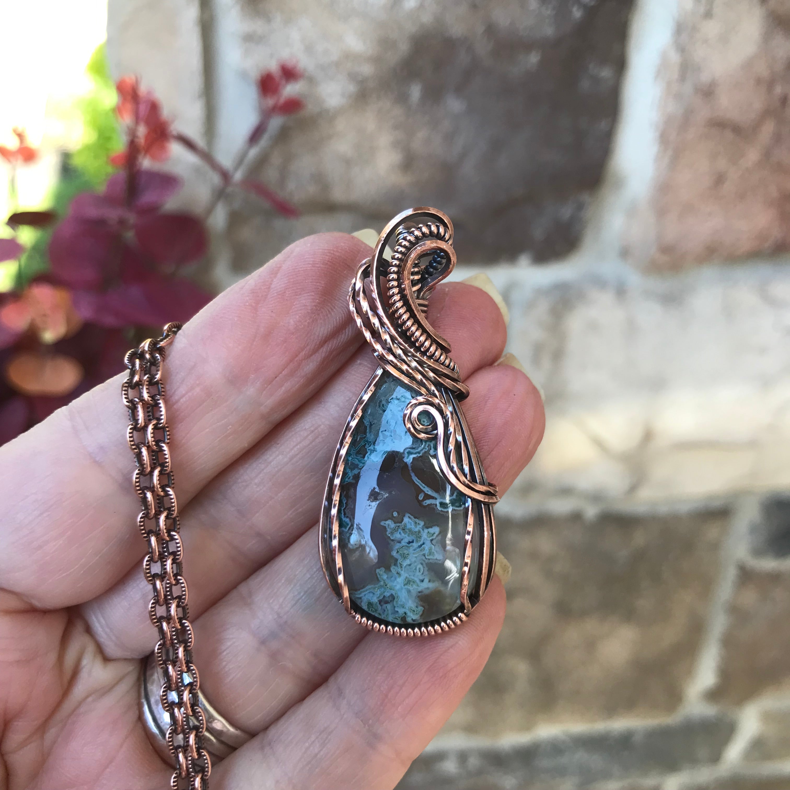 Moss Agate Teardrop Copper Necklace