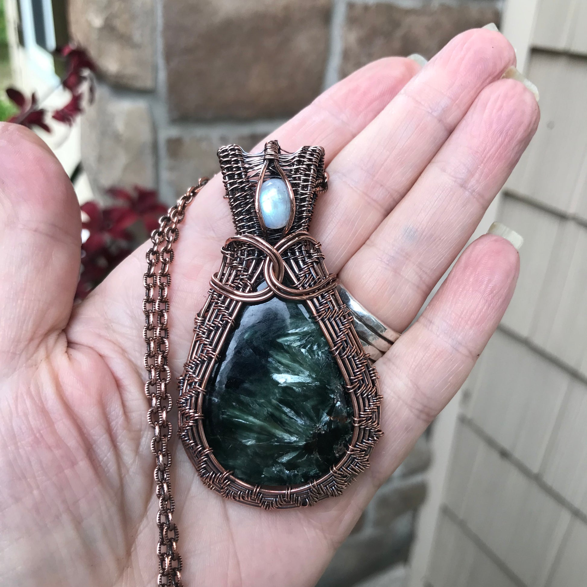 Seraphinite & Moonstone Woven Copper Pendant