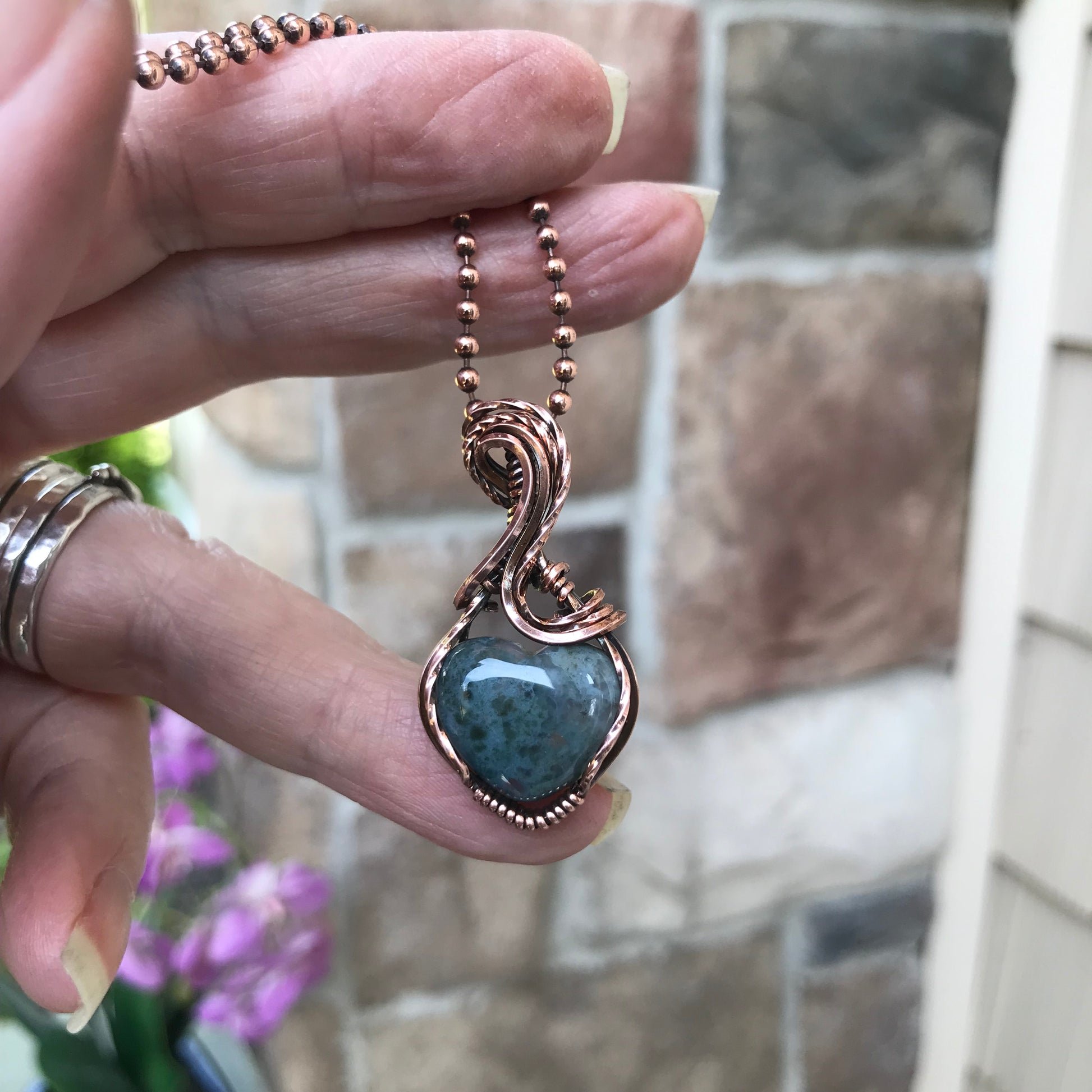 Moss Agate Heart Copper Necklace