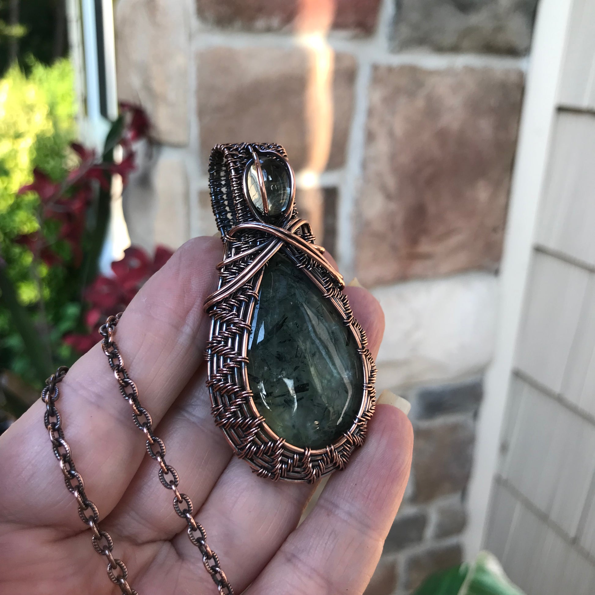 Prehnite & Prasiolite Woven Copper Pendant