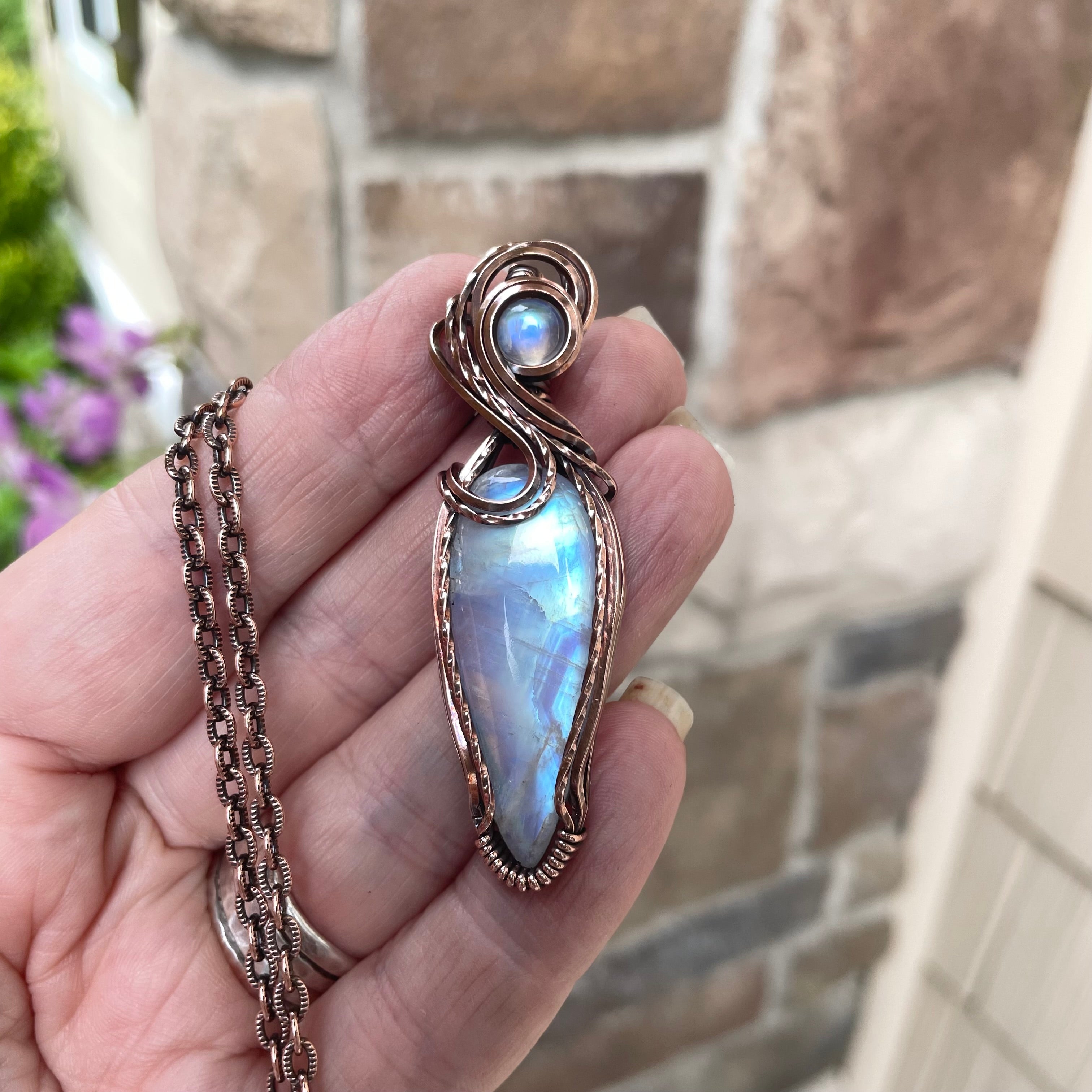 Moonstone Slender Swirly Copper Pendant