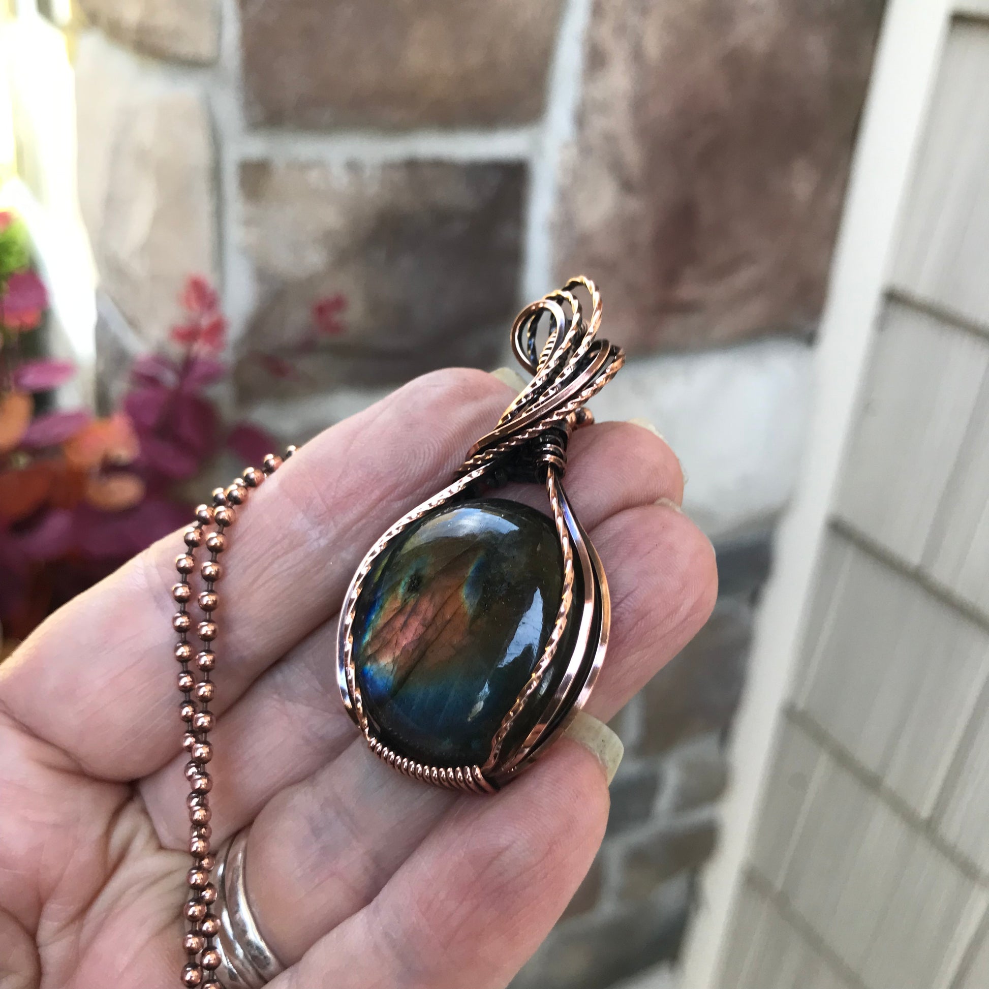 Rainbow Labradorite Round Copper Pendant
