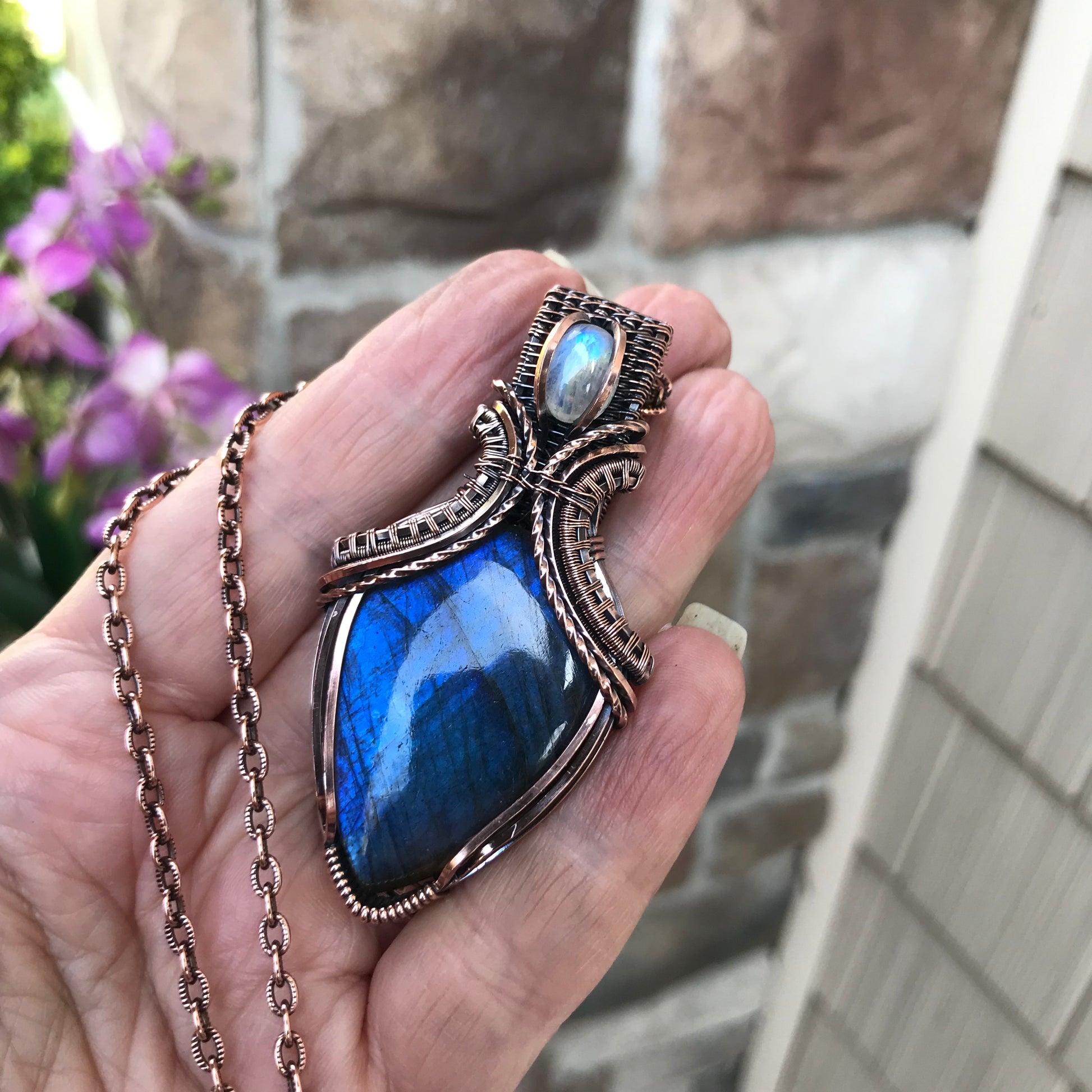 Blue Labradorite & Moonstone Copper Pendant with Weaving