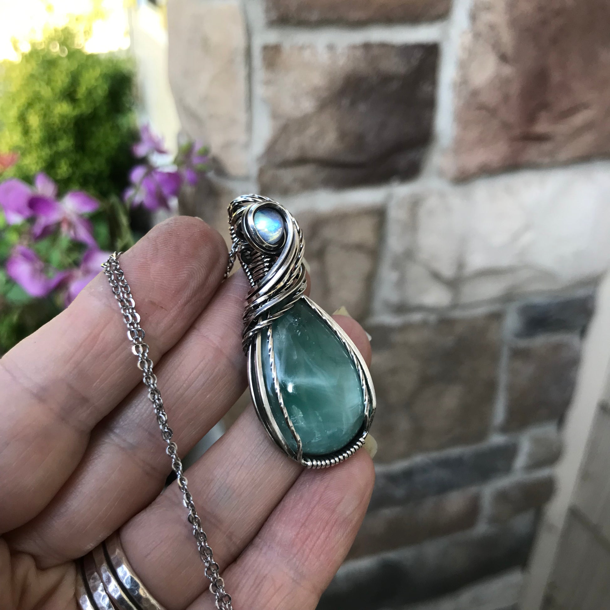 Blue Hemimorphite & Moonstone Silver Pendant