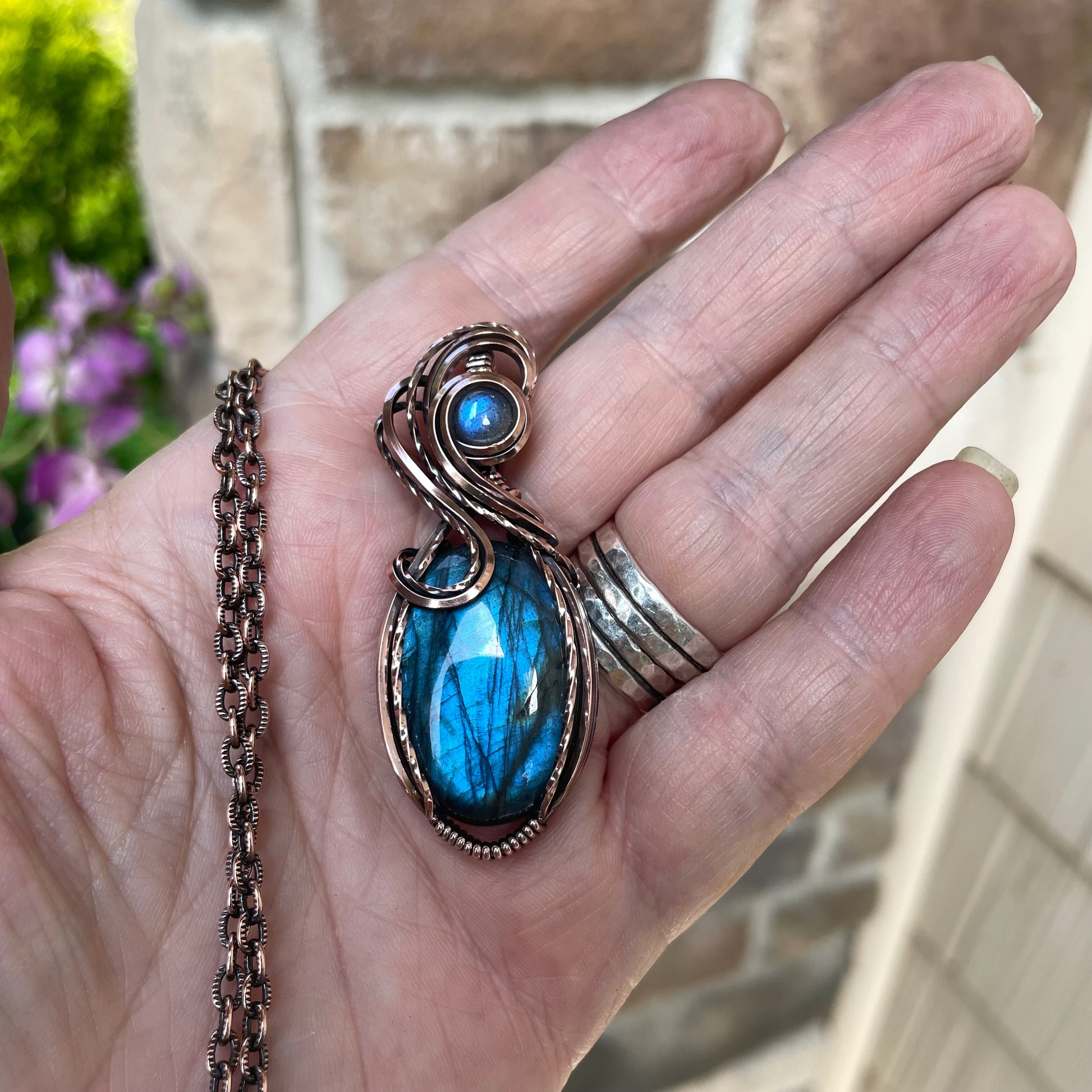Blue Labradorite Swirly Copper Pendant