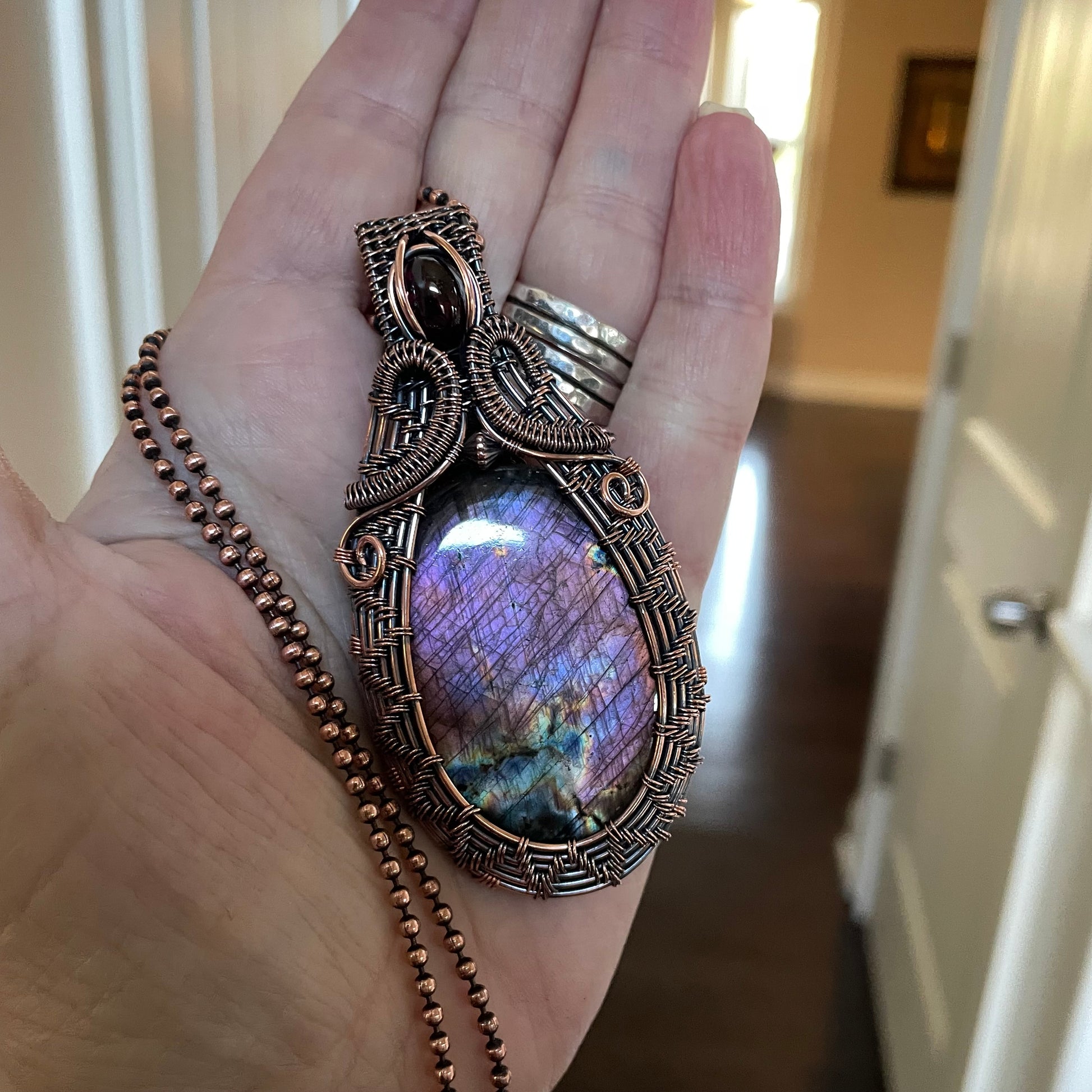 Purple Pink Labradorite with Garnet Woven Copper Pendant