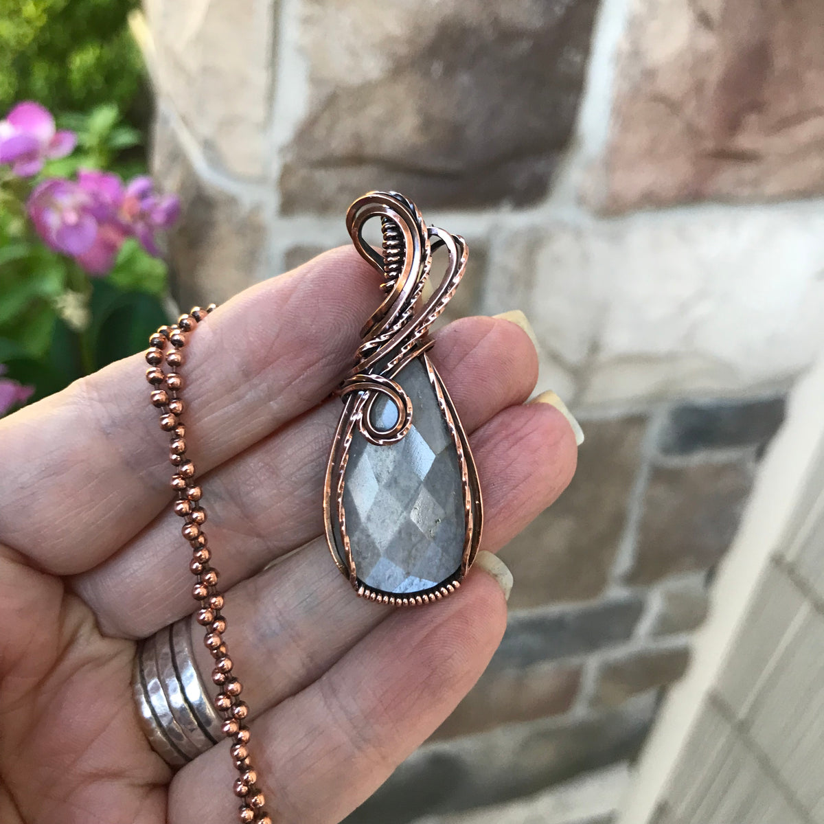 Faceted Gray Moonstone Copper Pendant