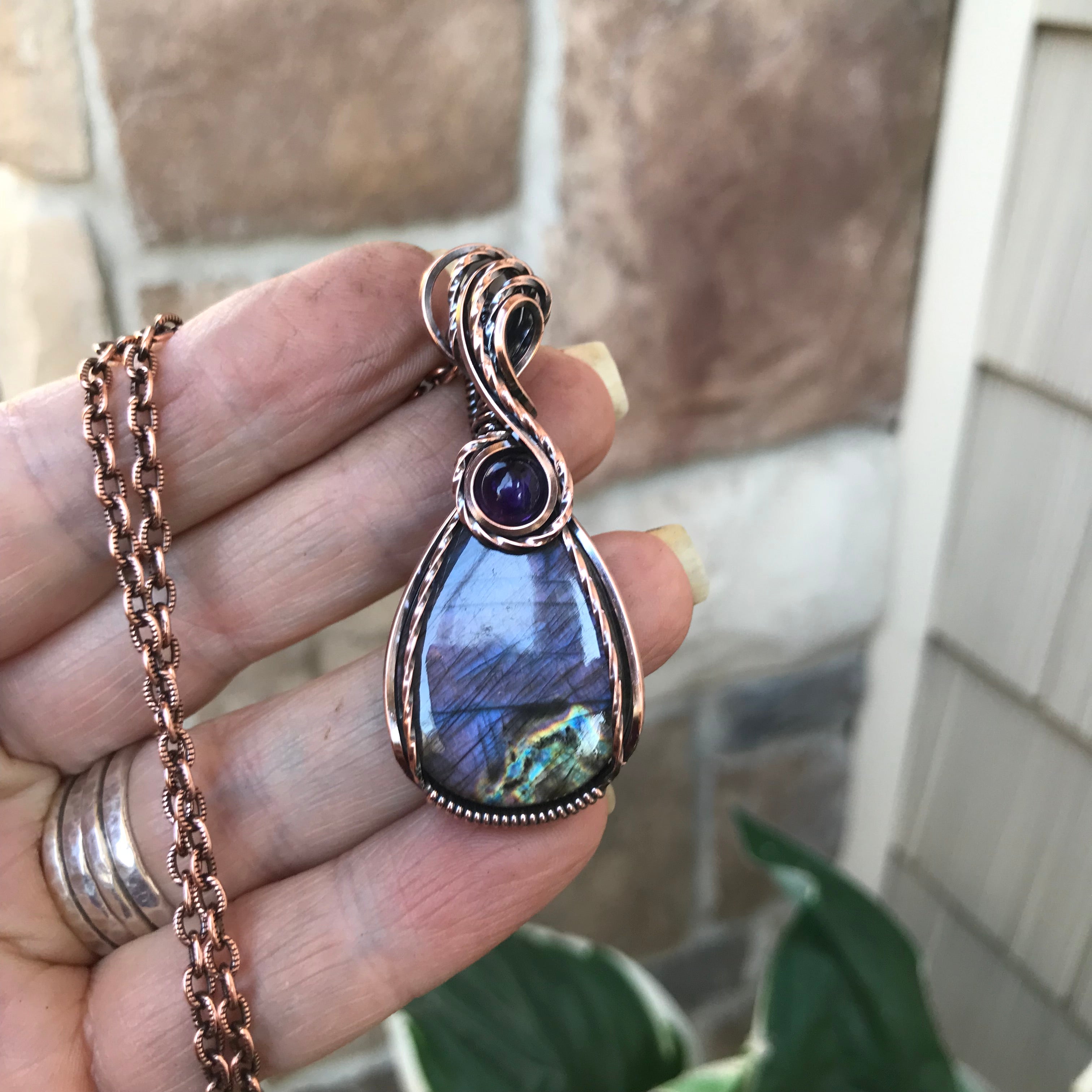 Purple Labradorite & Amethyst Teardrop Copper Pendant