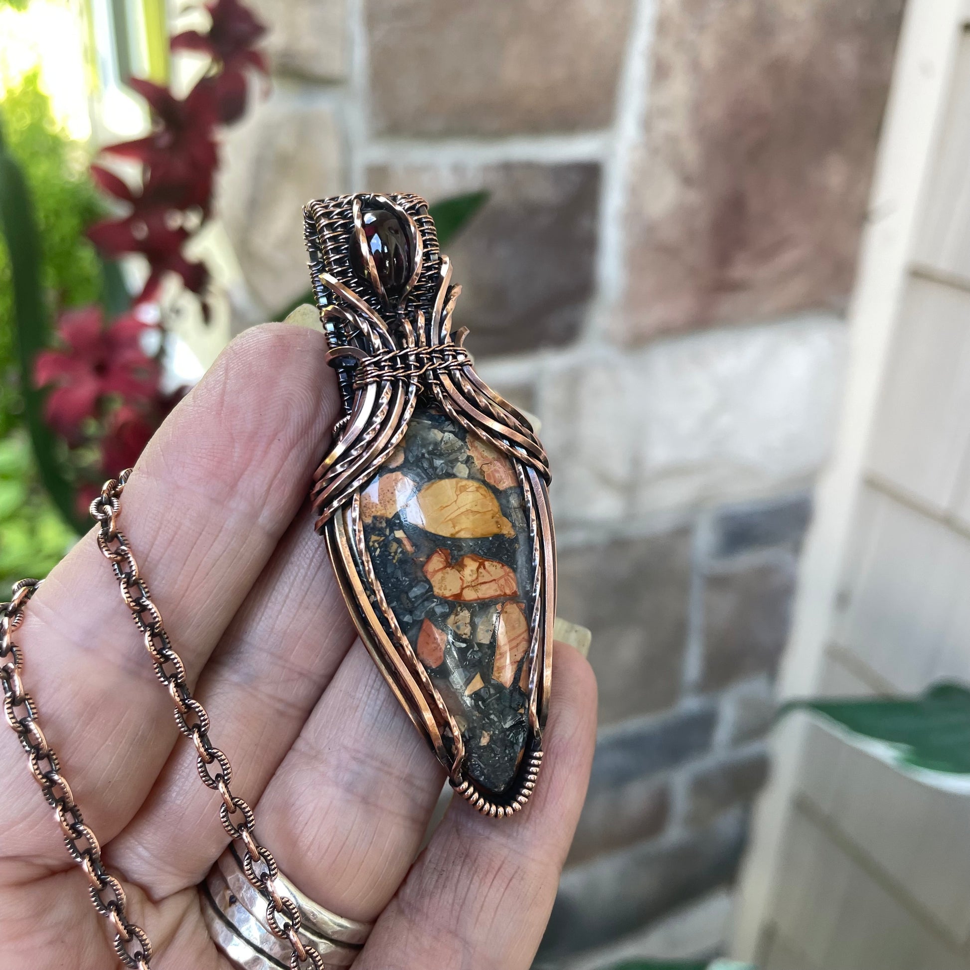 Maligano Jasper & Garnet Copper Pendant with Weaving