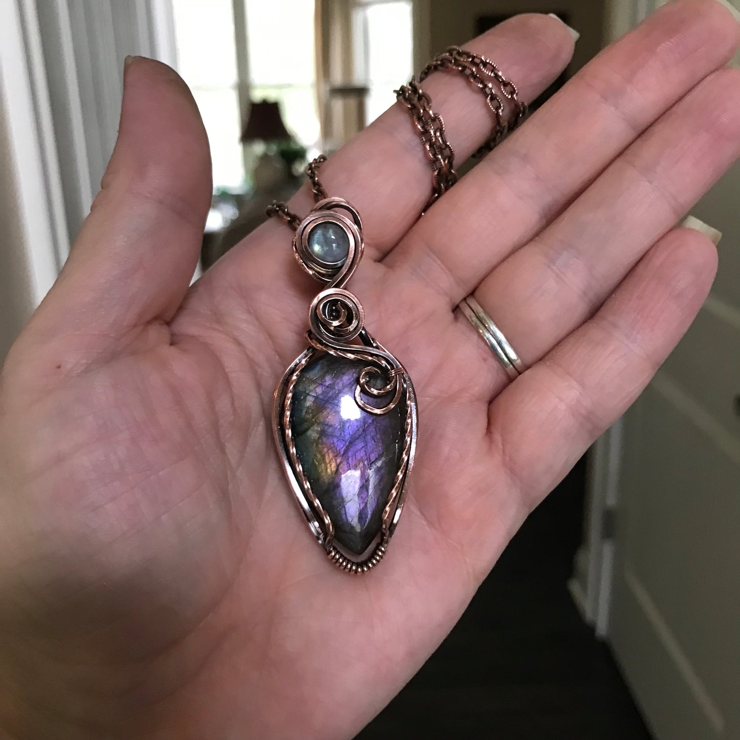Purple Labradorite & Moonstone Swirly Copper Pendant