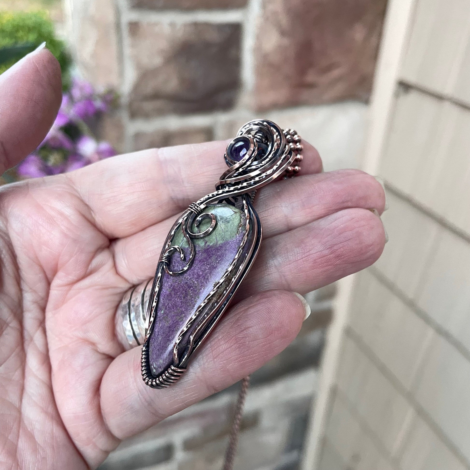 Stichtite & Amethyst Slender Swirly Copper Pendant