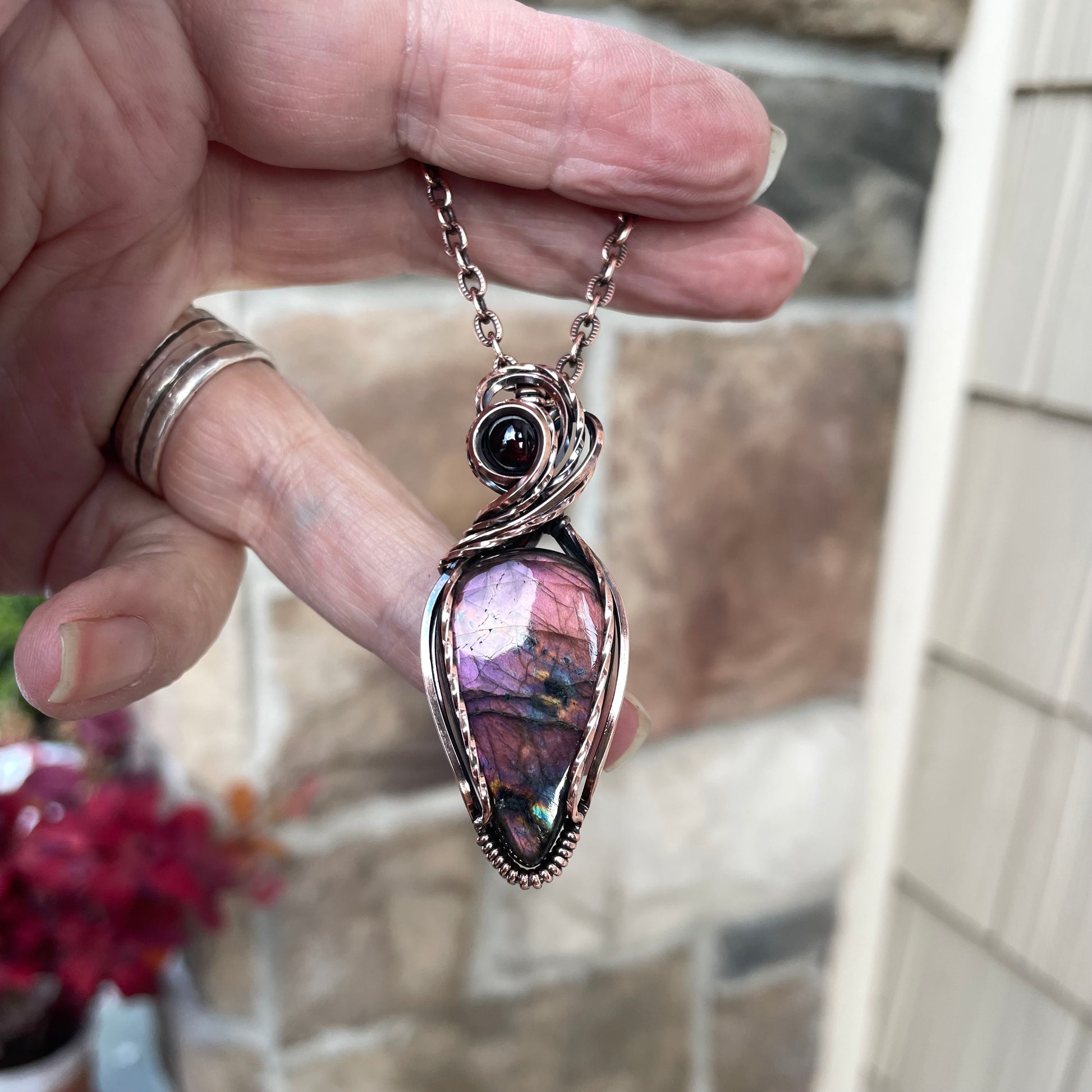 Purple Maroon Labradorite & Garnet Swirly Copper Pendant
