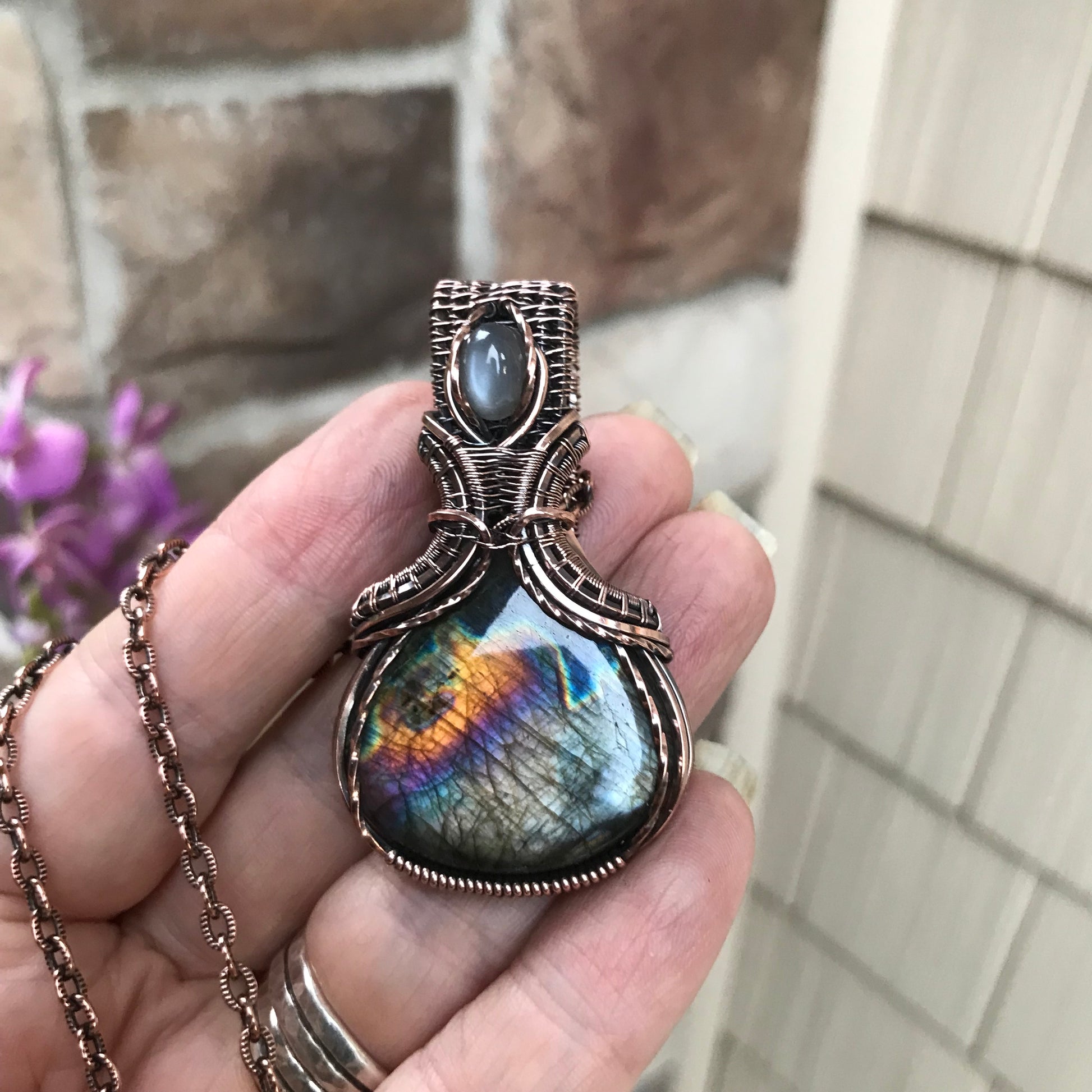 Silver Black Rainbow Labradorite & Gray Moonstone Copper Pendant