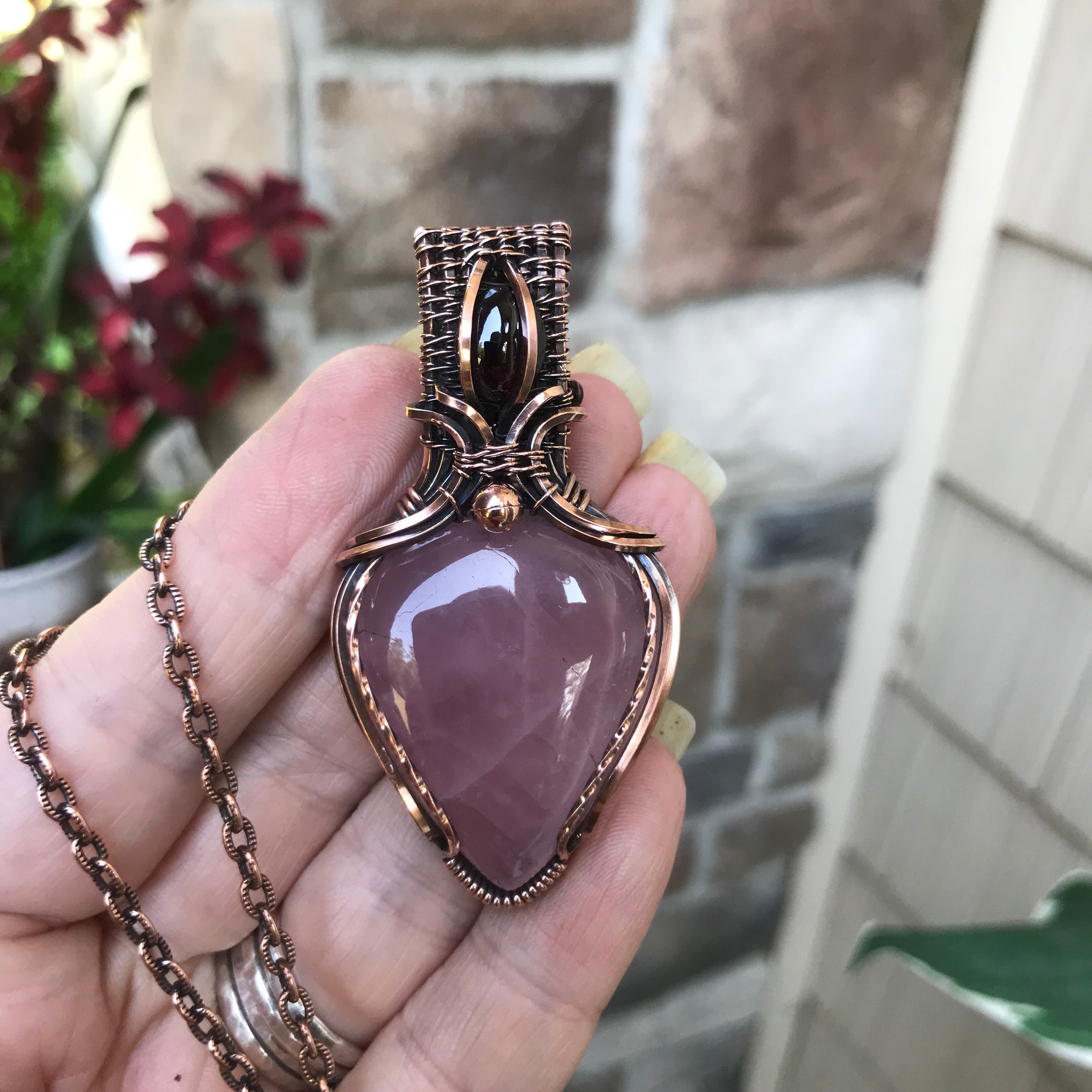 RESERVED for K - Rose Quartz & Garnet Copper Necklace with Weaving