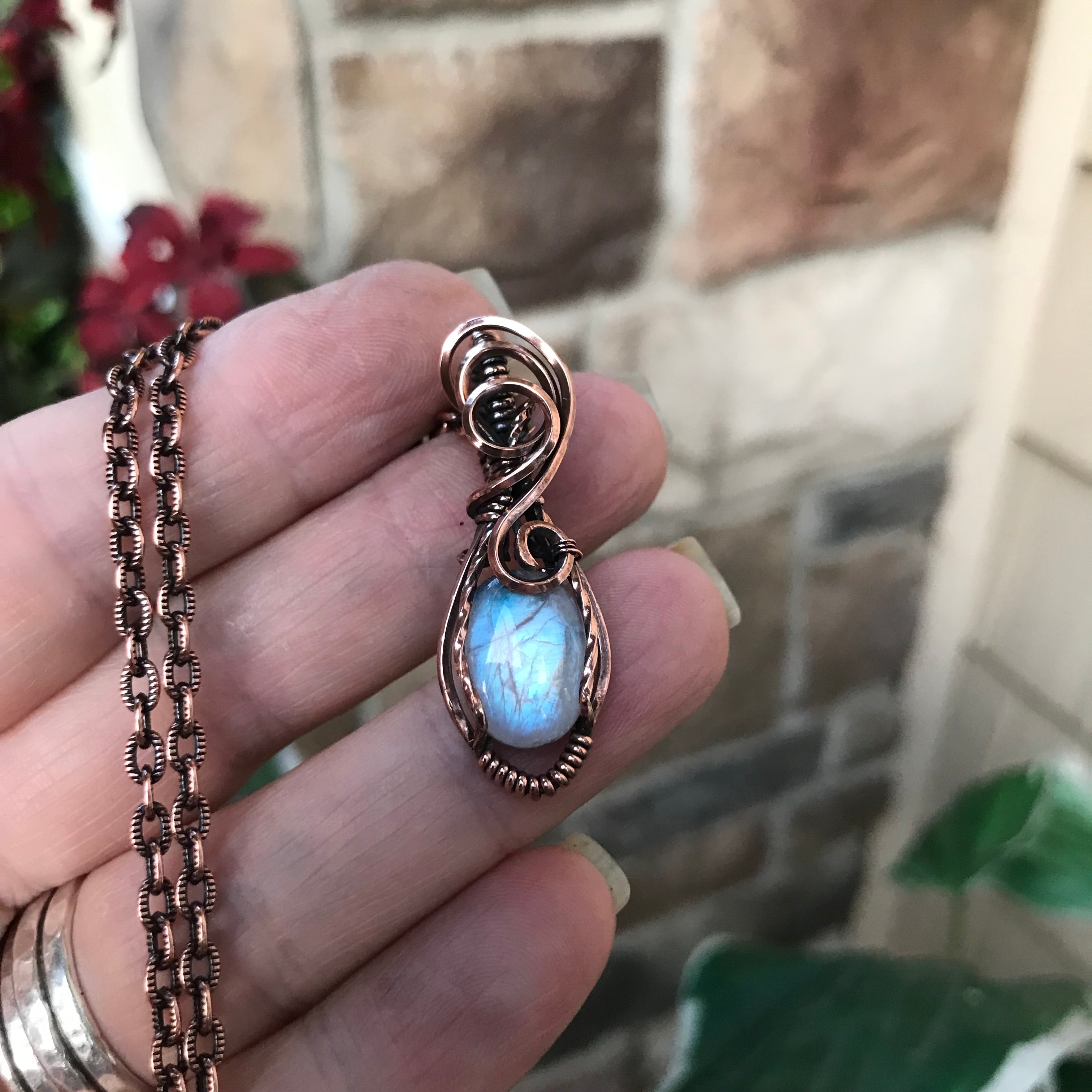 Moonstone oval swirly copper pendant by Moonlet Jewelry