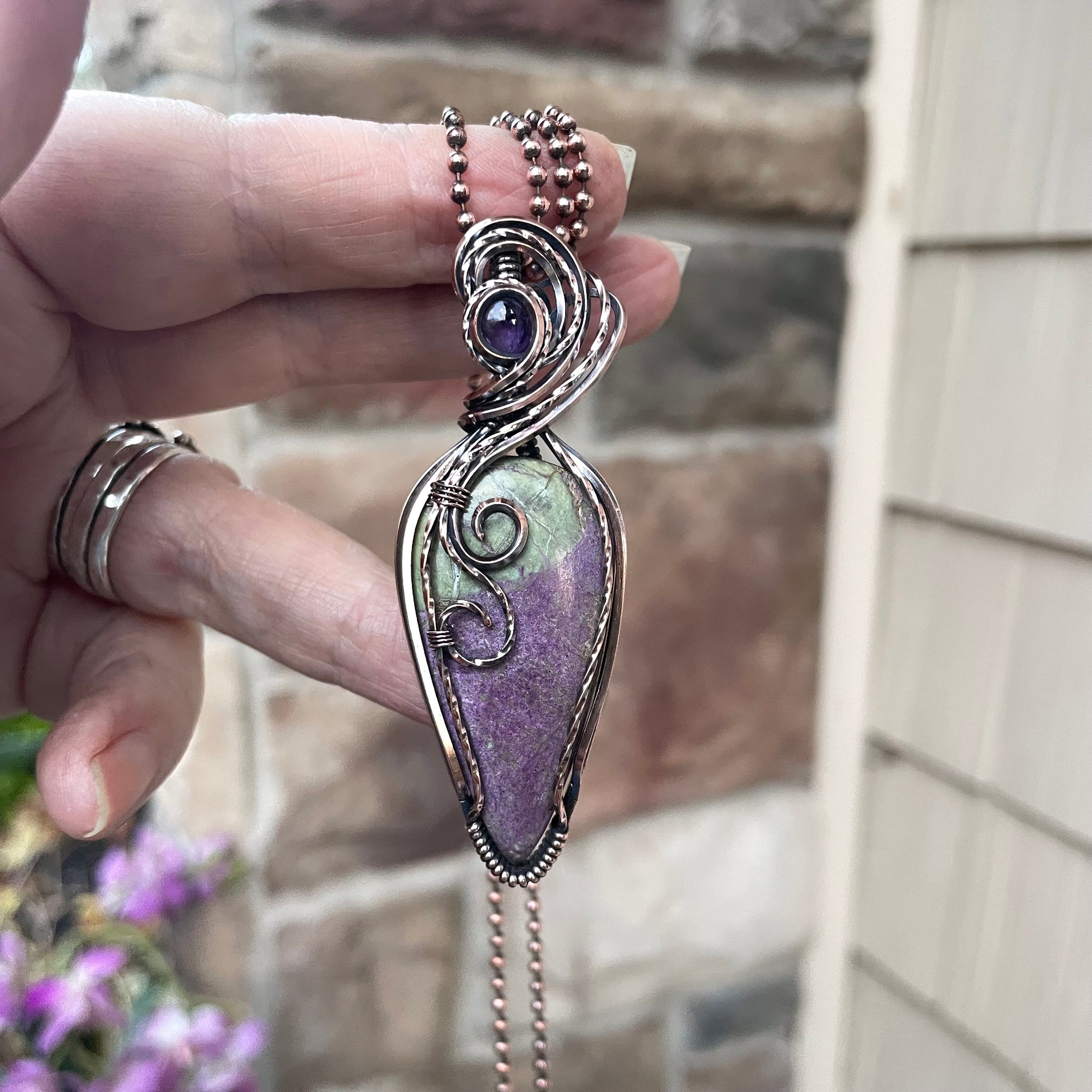 Stichtite & Amethyst Slender Swirly Copper Pendant