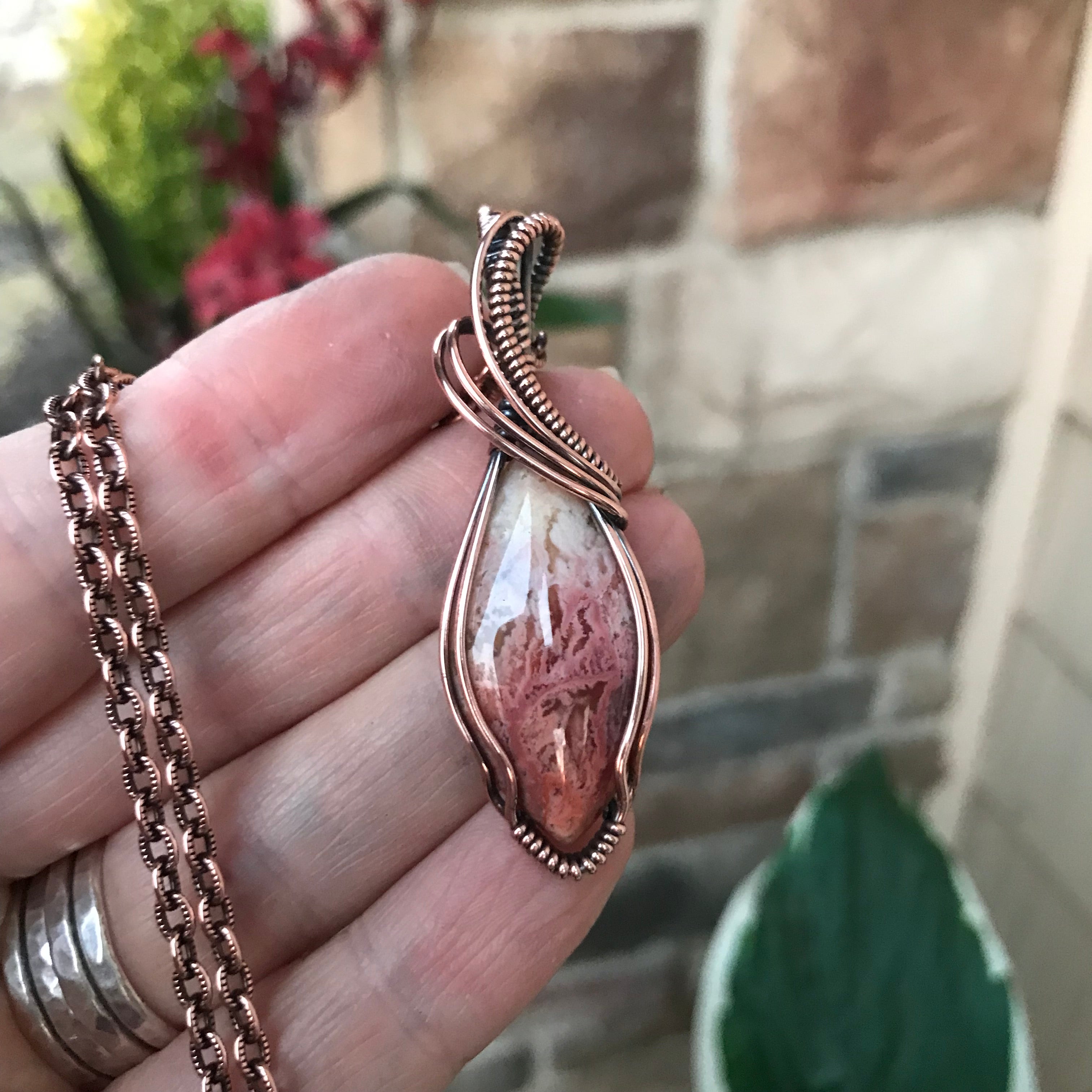 Feather Ridge Plume Agate Marquis Copper Pendant