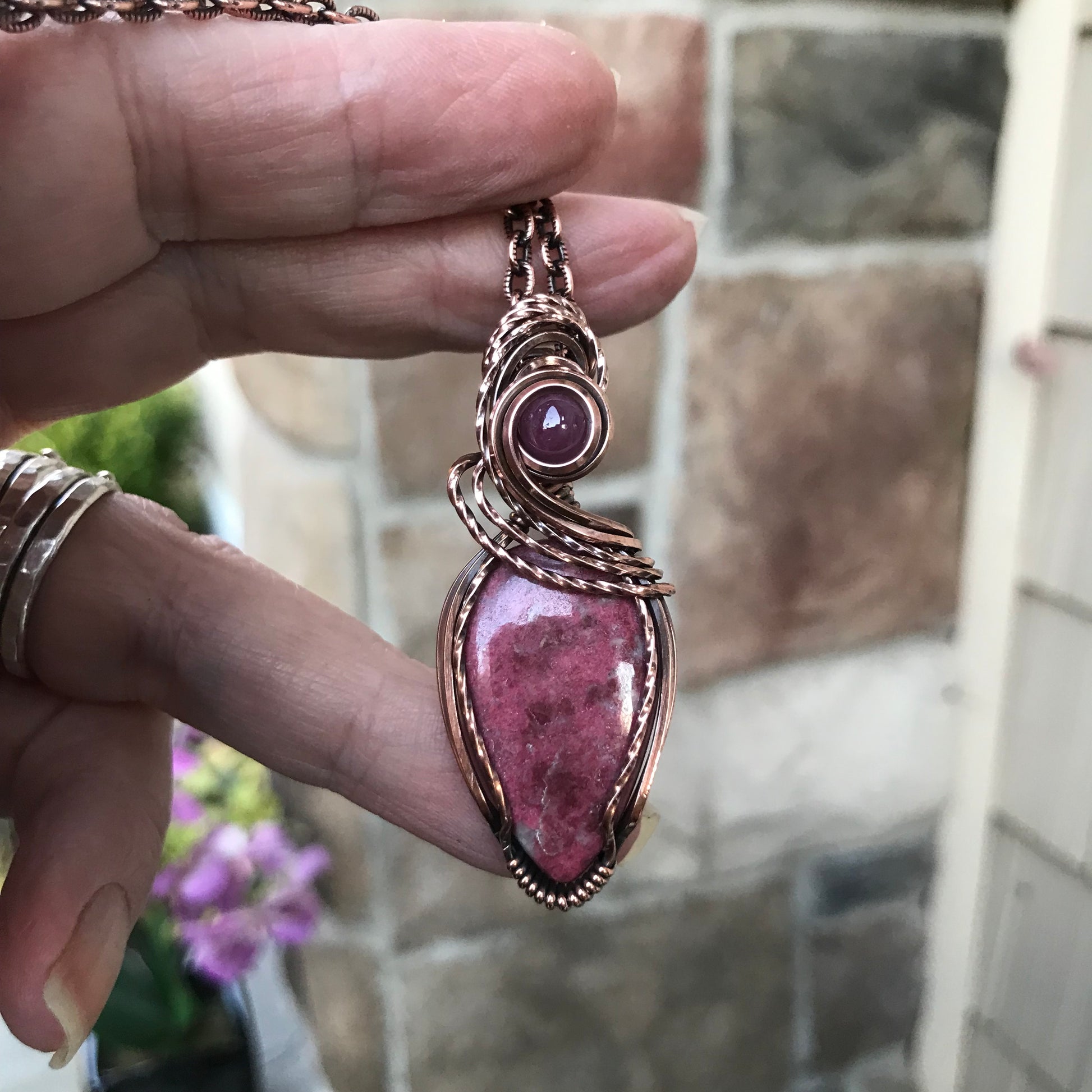 Pink Thulite & Ruby Swirly Copper Necklace