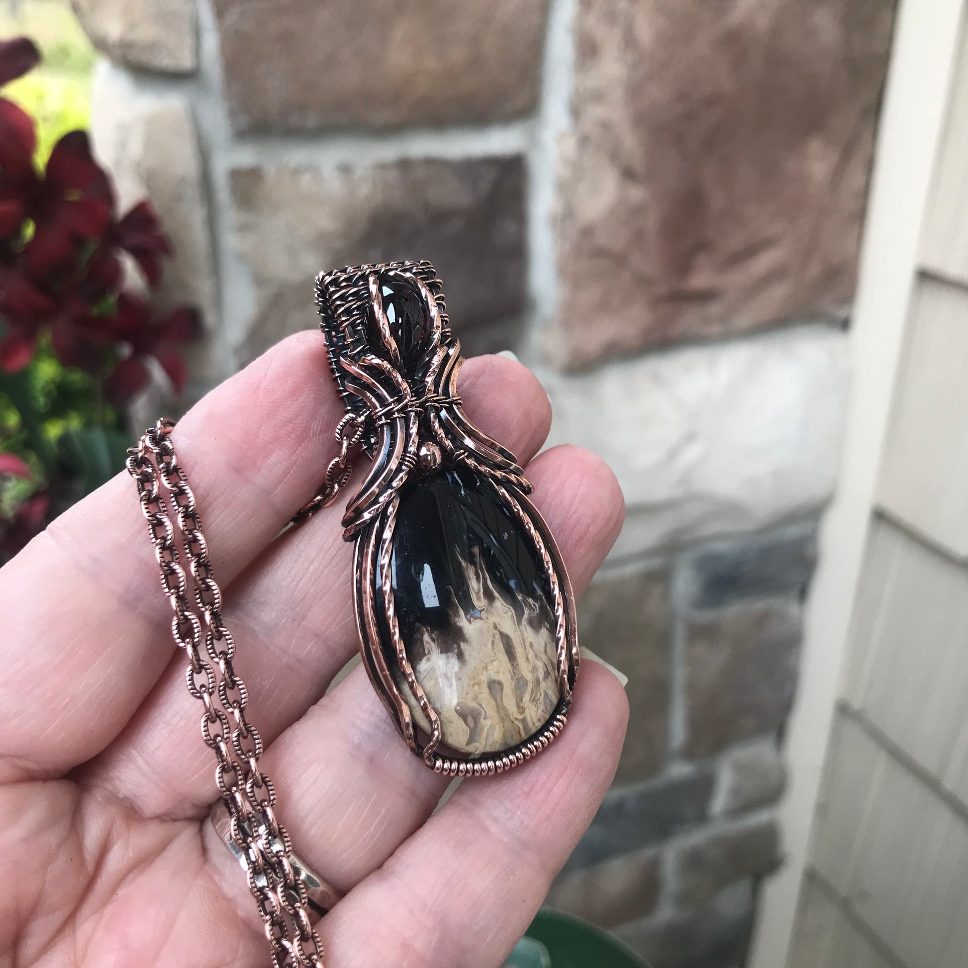 Petrified Palm Wood & Garnet Copper Necklace