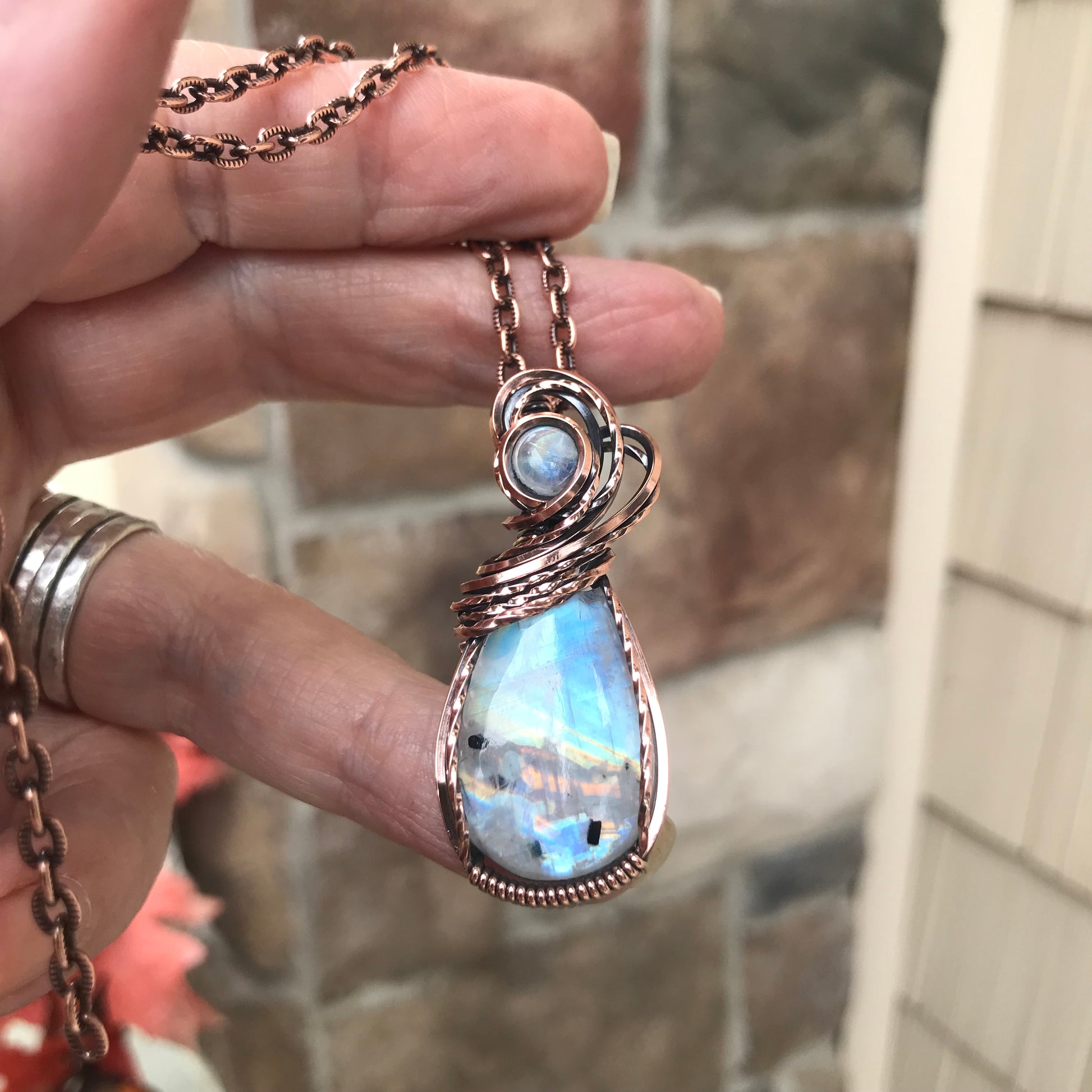 Rainbow Moonstone Copper Pendant