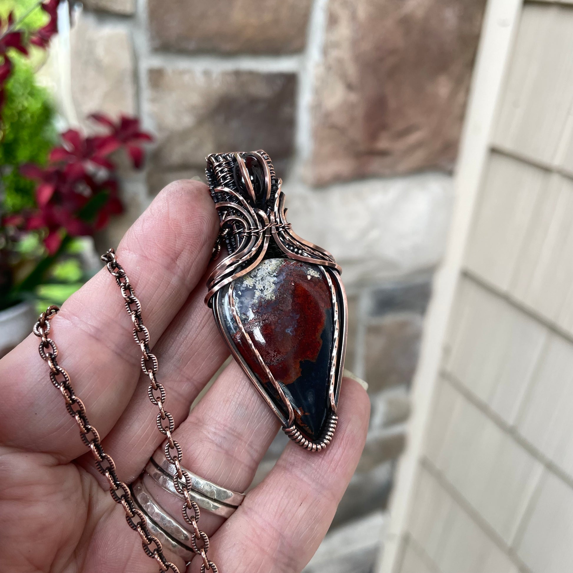 Maroon Crazy Lace Agate & Garnet Copper Pendant
