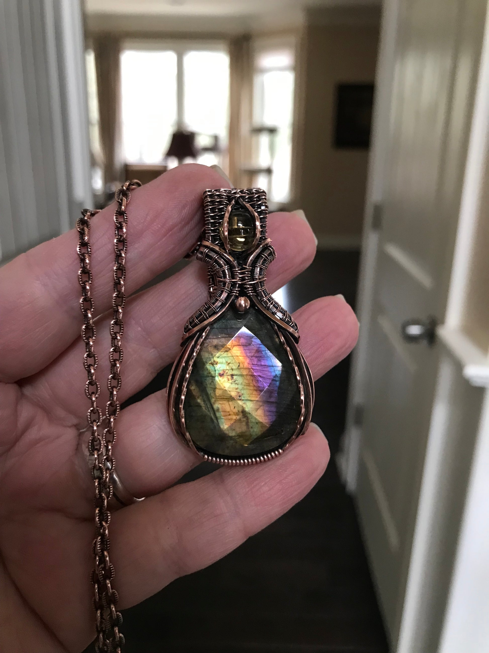 Yellow Purple Faceted Labradorite & Citrine Copper Pendant